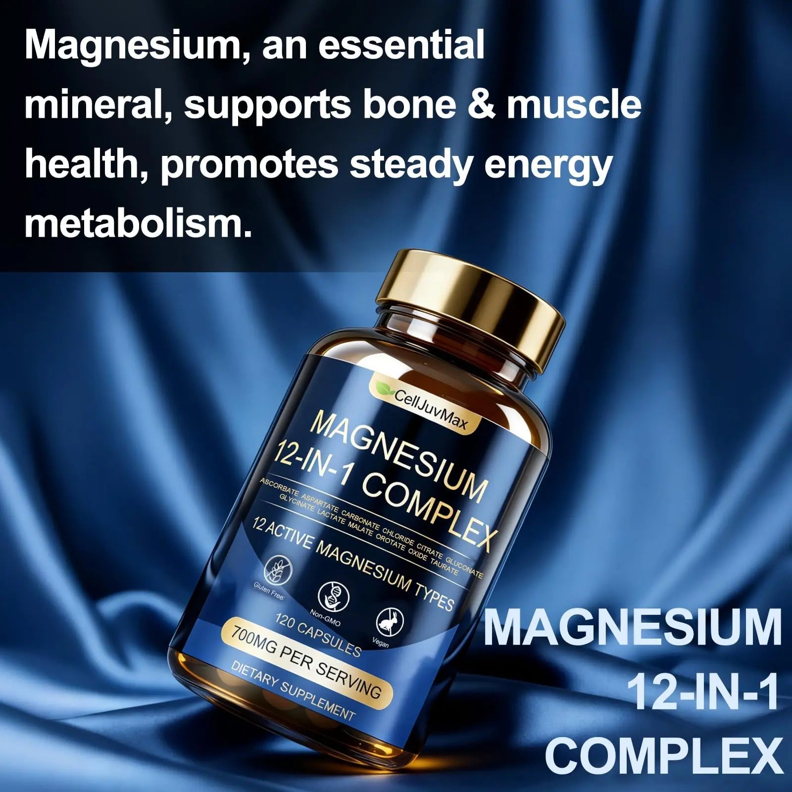 Magnesium 12-in-1 Complex 700mg, with Glycinate & Citrate, Vegan Supplement for Daily Wellness, 120 Capsules (1) - TrustMedUSA