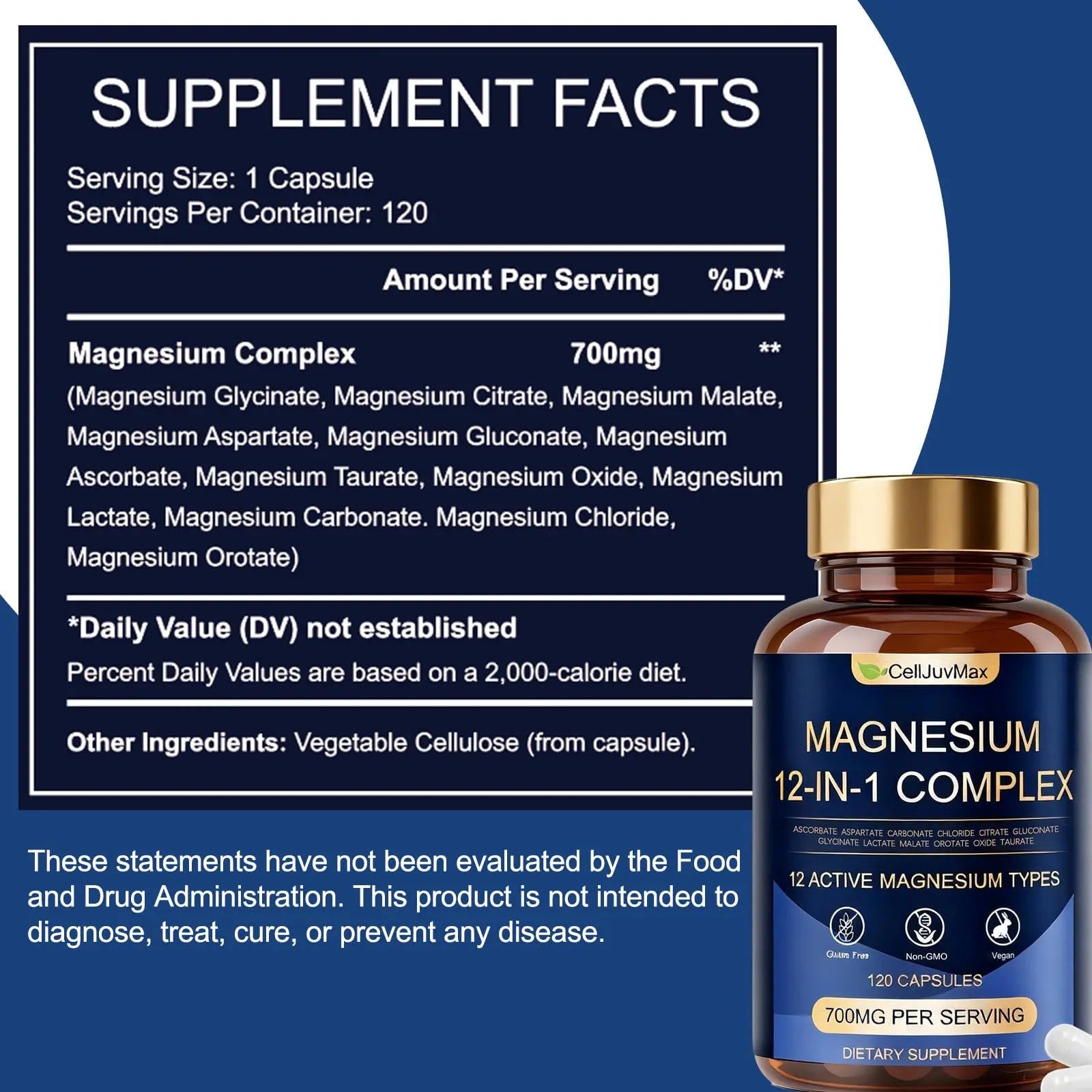 Magnesium 12-in-1 Complex 700mg, with Glycinate & Citrate, Vegan Supplement for Daily Wellness, 120 Capsules (1) - TrustMedUSA