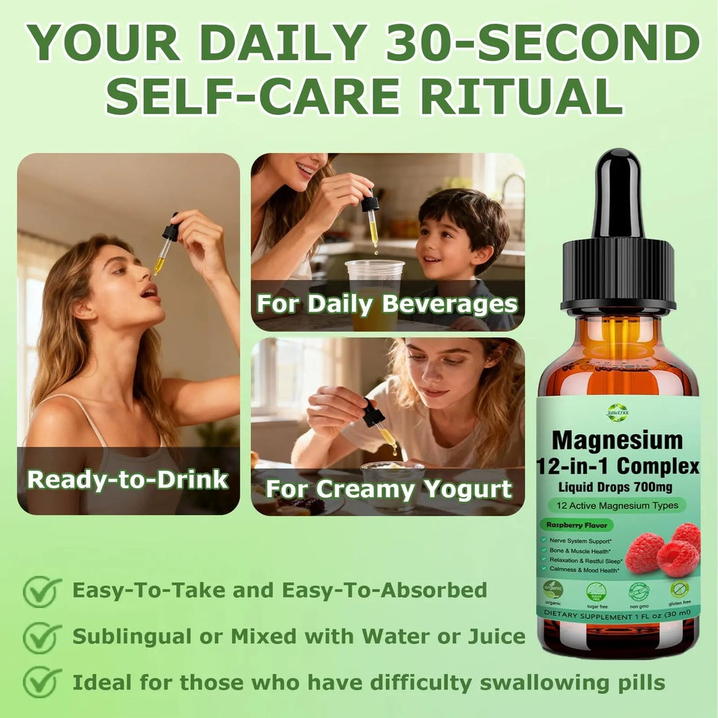 Magnesium 12 in 1 Complex Liquid Drops 700mg, High Absorption Magnesium Glycinate Citrate Malate Taurate & 8 Forms, Magnesium Complex Blend Supplement for Sleep Muscle Nerve Energy Heart Health - TrustMedUSA