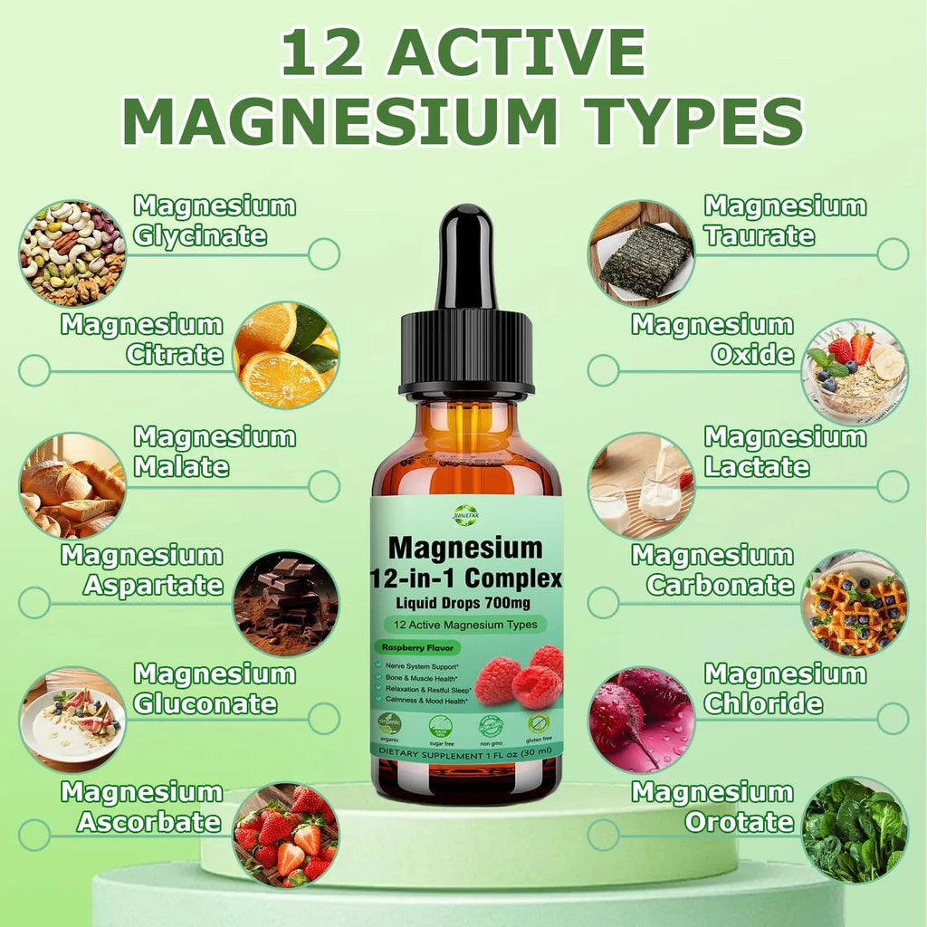 Magnesium 12 in 1 Complex Liquid Drops 700mg, High Absorption Magnesium Glycinate Citrate Malate Taurate & 8 Forms, Magnesium Complex Blend Supplement for Sleep Muscle Nerve Energy Heart Health - TrustMedUSA