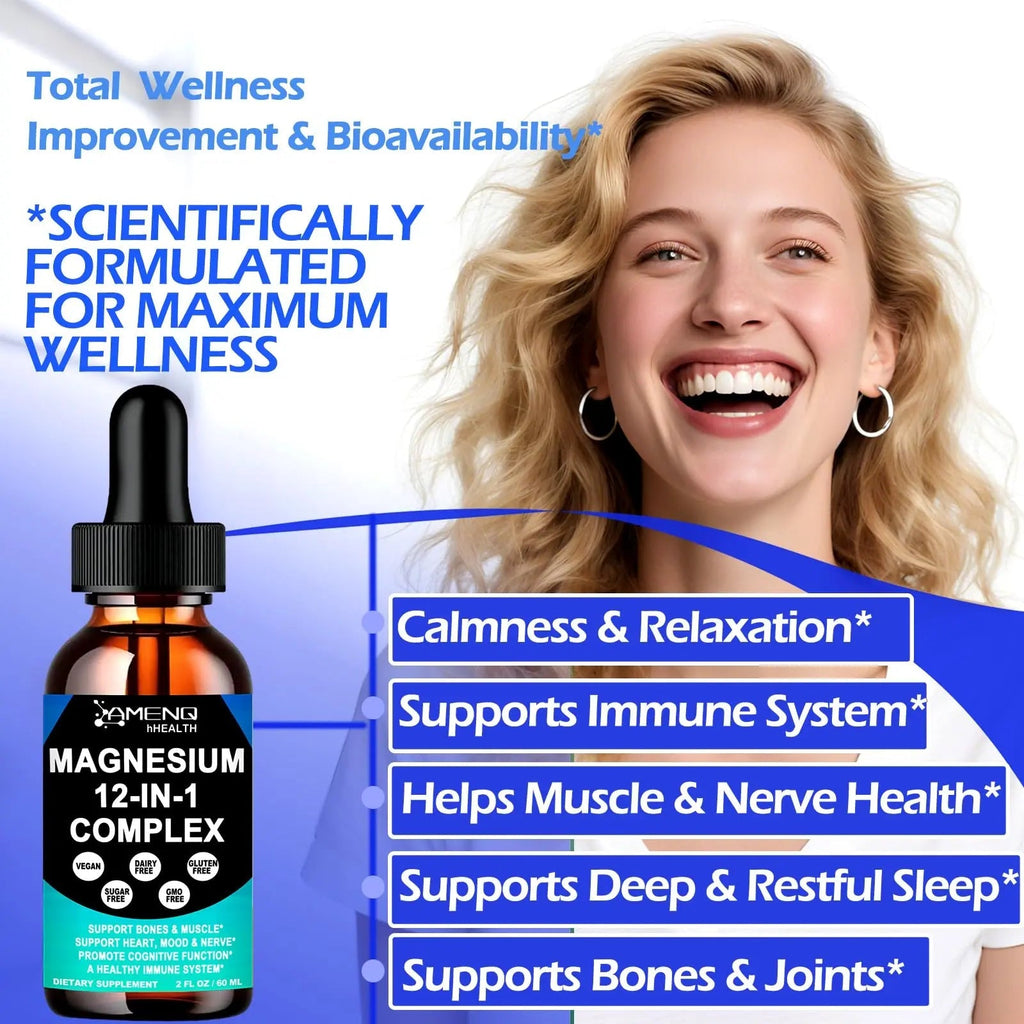 Magnesium 12 in 1 Complex Liquid Drops Magnesium Supplement w. Glycinate Citrate Malate Taurate Oxide Aspartate Orotate, Calm Magnesium for Sleep Muscle Heart Support丨Max Absorption Liquid Formula - TrustMedUSA