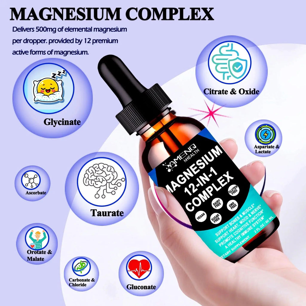 Magnesium 12 in 1 Complex Liquid Drops Magnesium Supplement w. Glycinate Citrate Malate Taurate Oxide Aspartate Orotate, Calm Magnesium for Sleep Muscle Heart Support丨Max Absorption Liquid Formula - TrustMedUSA