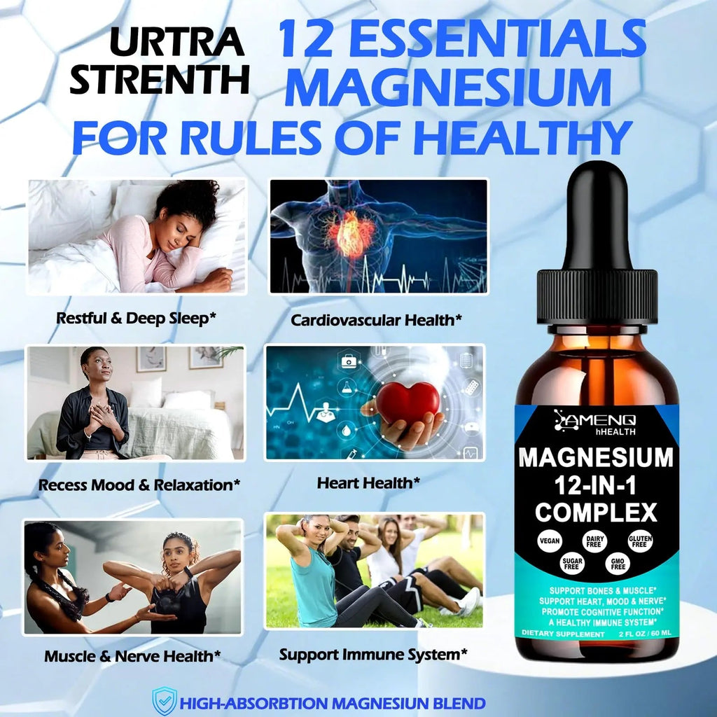 Magnesium 12 in 1 Complex Liquid Drops Magnesium Supplement w. Glycinate Citrate Malate Taurate Oxide Aspartate Orotate, Calm Magnesium for Sleep Muscle Heart Support丨Max Absorption Liquid Formula - TrustMedUSA
