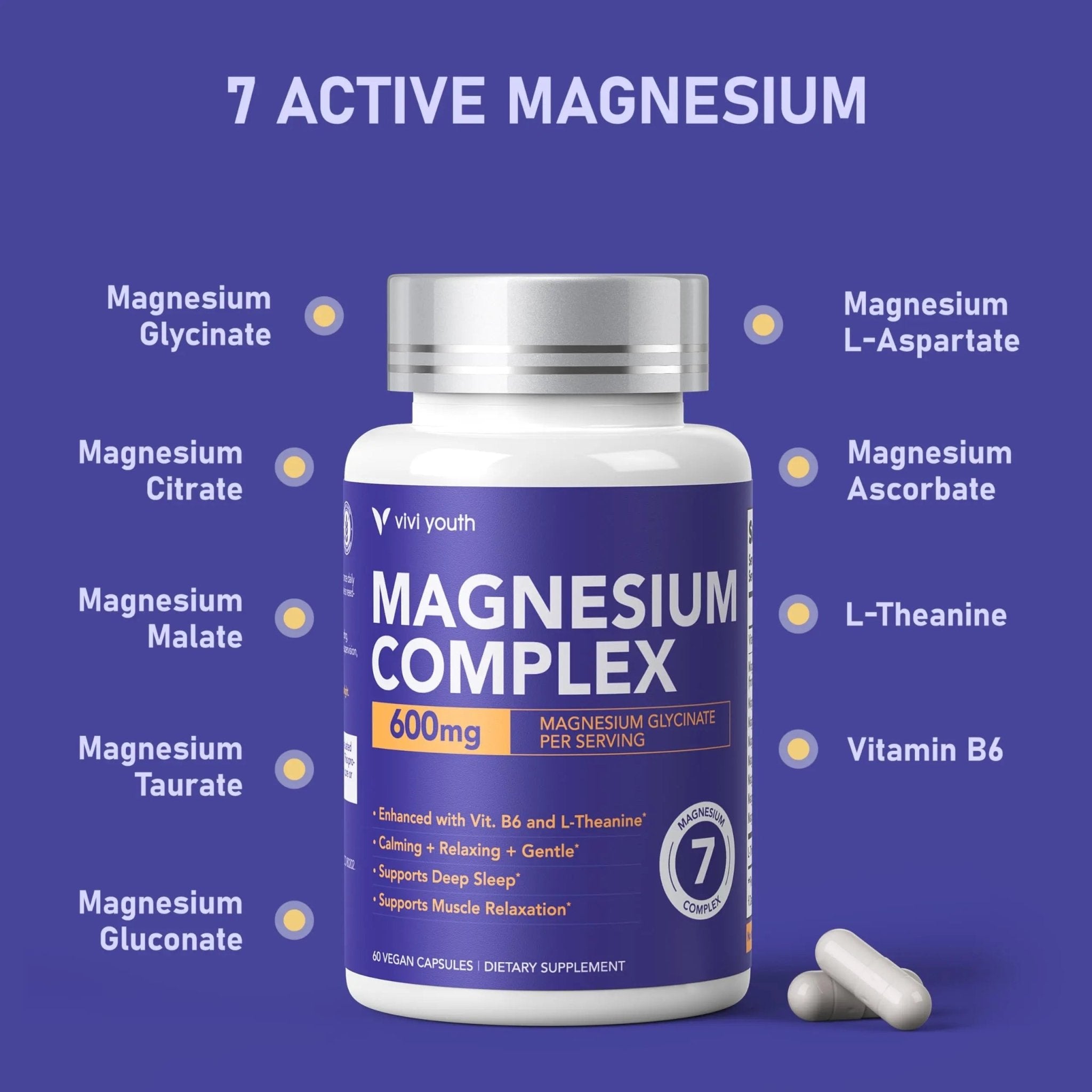 Magnesium 7 Complex for Women 1600mg, Magnesium Glycinate 600mg 7 High Absorption Magnesium Supplement with Citrate, Malate, Chelate, Taurate, Gluconate, Aspartate & Ascorbate for Sleep, 60 Capsules - TrustMedUSA