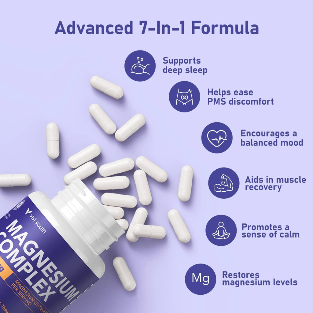 Magnesium 7 Complex for Women 1600mg, Magnesium Glycinate 600mg 7 High Absorption Magnesium Supplement with Citrate, Malate, Chelate, Taurate, Gluconate, Aspartate & Ascorbate for Sleep, 60 Capsules - TrustMedUSA