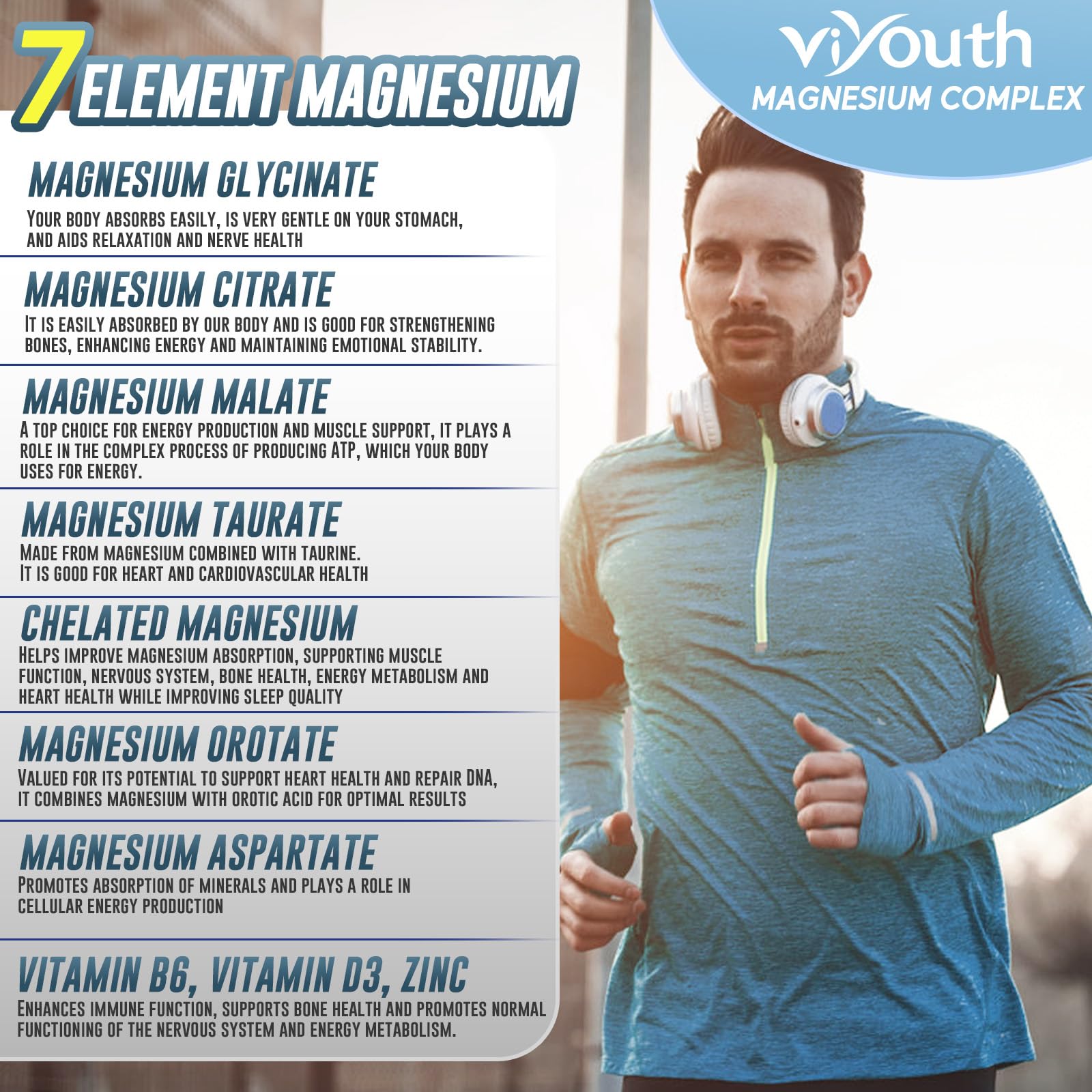 Magnesium 7 Complex Supplement Advanced with 7 Forms of Magnesium (Glycinate, Malate, Chelate, Aspartate, Orotate, Taurine, Citrate), Zinc, Vitamin D3 & Vitamin B6 - TrustMedUSA