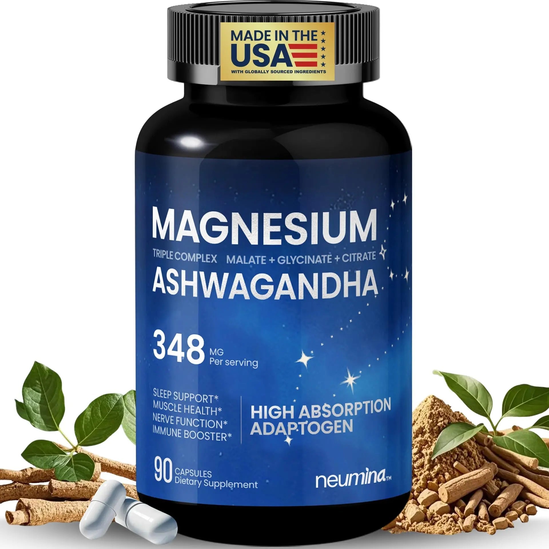 Magnesium Ashwagandha Complex | High-Absorption Multi Magnesium Supports Stress Relief, Sleep, Muscle & Heart Health | Vegan, Non-GMO, Gluten-Free, Made in USA, 90 Capsules((45-Day Supply) - TrustMedUSA
