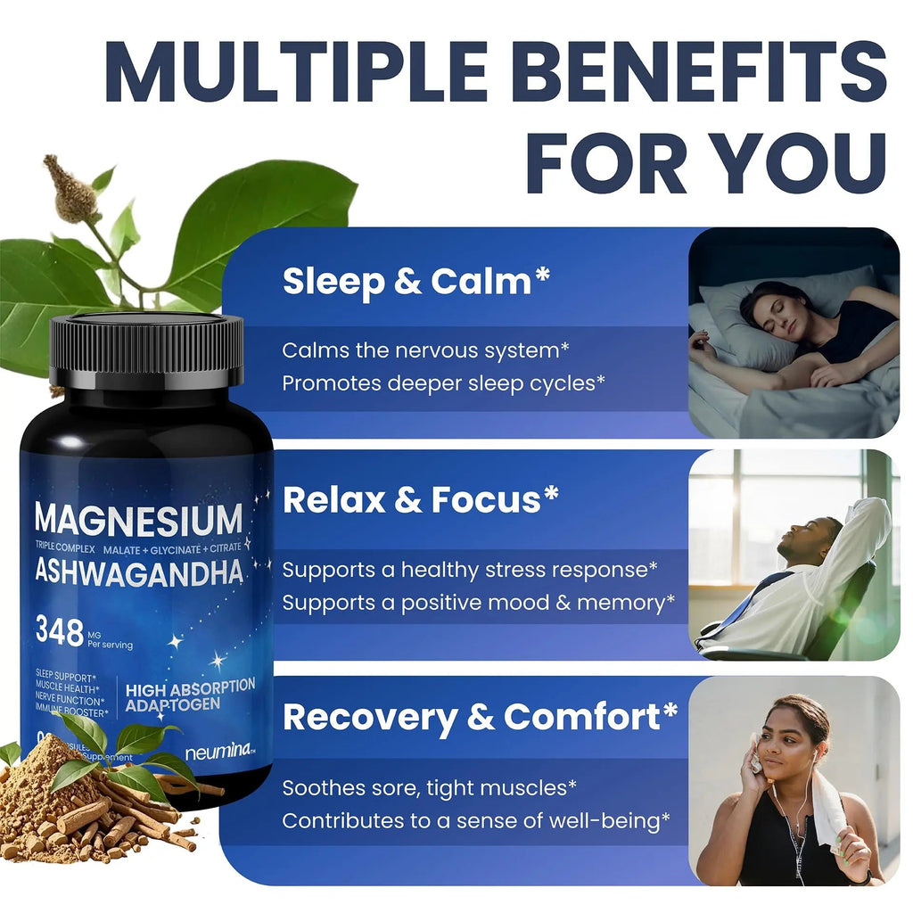 Magnesium Ashwagandha Complex | High-Absorption Multi Magnesium Supports Stress Relief, Sleep, Muscle & Heart Health | Vegan, Non-GMO, Gluten-Free, Made in USA, 90 Capsules((45-Day Supply) - TrustMedUSA