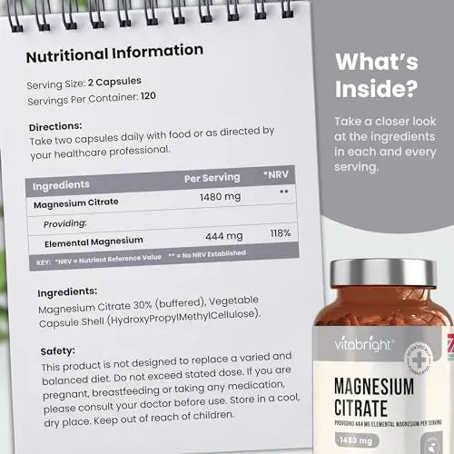 Magnesium Citrate - 1480mg High Strength - 240 Capsules (4 Month Supply) - Vegan - TrustMedUSA