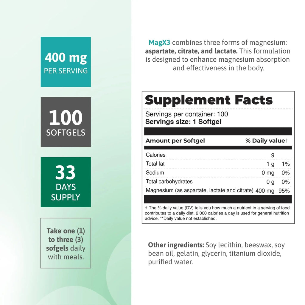 Magnesium Citrate Complex 400 mg – Triple Magnesium with Citrate, Aspartate & Lactate – High Absorption – 100 Softgels - TrustMedUSA