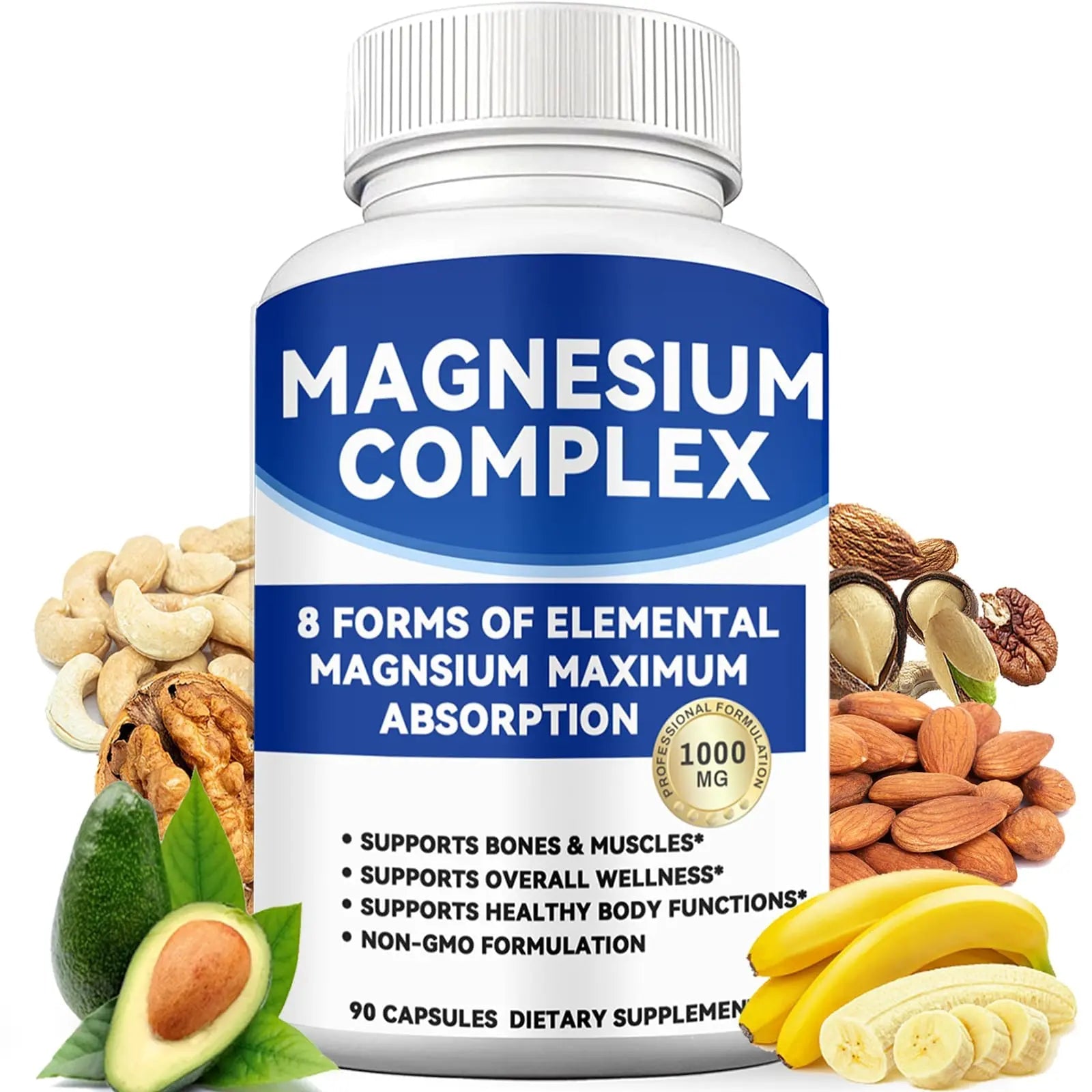 Magnesium Complex 1000mg with 8 Forms – Glycinate, Citrate, Malate, Taurate for Absorption – Supports Bone, Muscle, Energy & Recovery – Vegan, Non-GMO, 90 Capsules (1) - TrustMedUSA