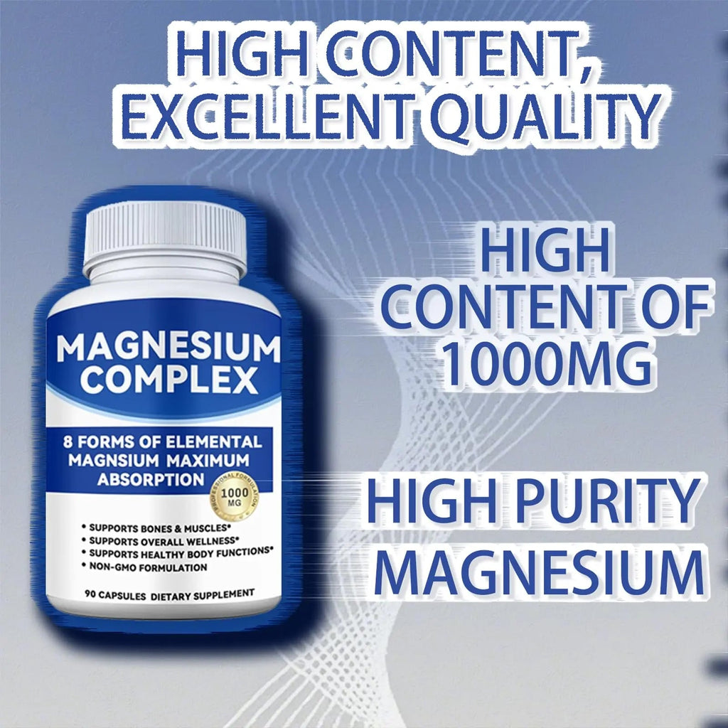 Magnesium Complex 1000mg with 8 Forms – Glycinate, Citrate, Malate, Taurate for Absorption – Supports Bone, Muscle, Energy & Recovery – Vegan, Non-GMO, 90 Capsules (1) - TrustMedUSA