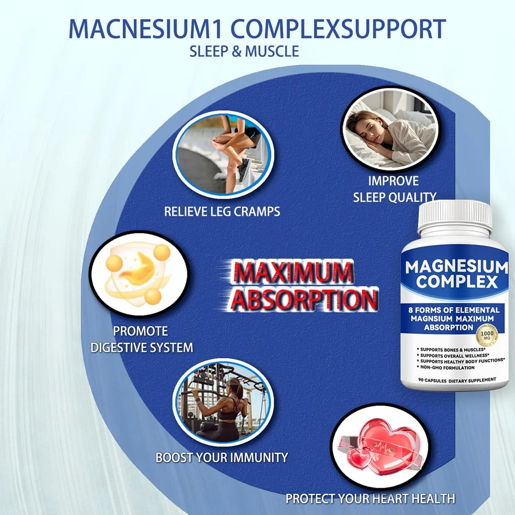 Magnesium Complex 1000mg with 8 Forms – Glycinate, Citrate, Malate, Taurate for Absorption – Supports Bone, Muscle, Energy & Recovery – Vegan, Non-GMO, 90 Capsules (1) - TrustMedUSA