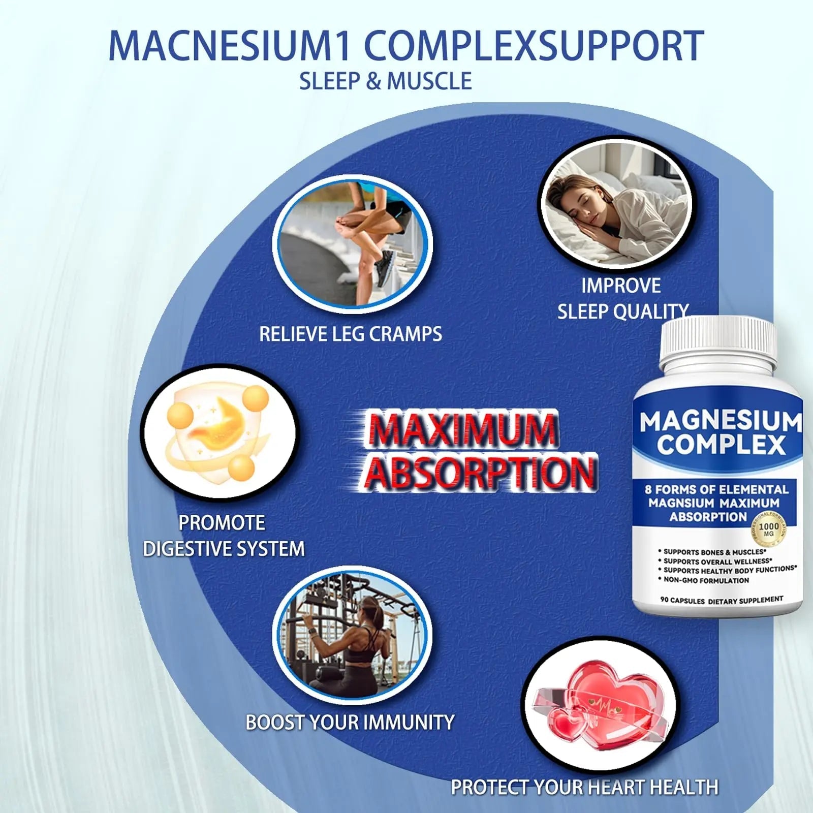 Magnesium Complex 1000mg with 8 Forms – Glycinate, Citrate, Malate, Taurate for Absorption – Supports Bone, Muscle, Energy & Recovery – Vegan, Non-GMO, 90 Capsules (1) - TrustMedUSA