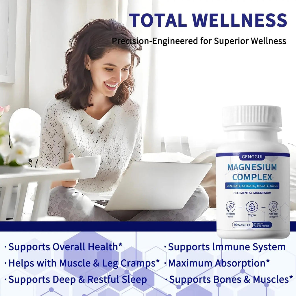 Magnesium Complex 1000mg with 8 Types - Glycinate, Citrate, Malate - Supports Muscle Relaxation, Bone Health, Energy Production & Sleep - High Absorption, Non-GMO, Vegan Capsules, 90 Count (001) - TrustMedUSA