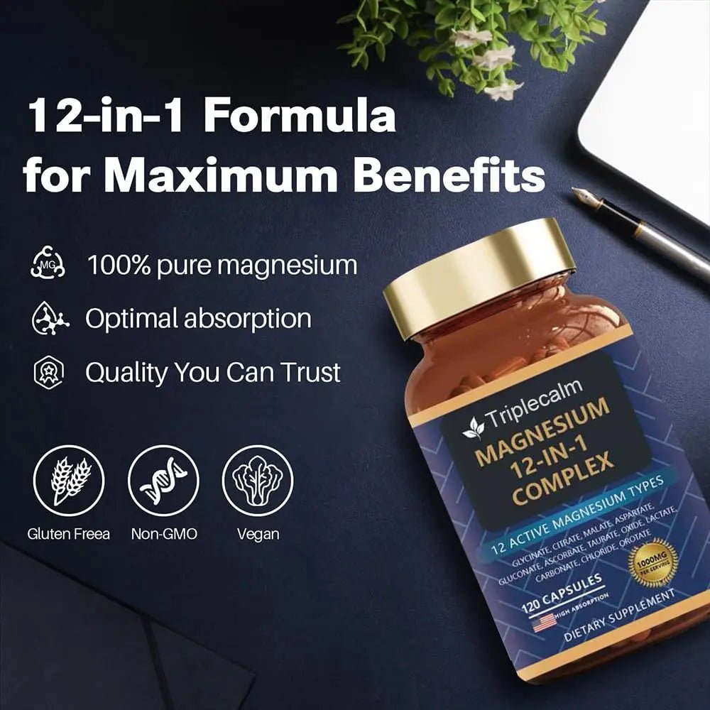 Magnesium Complex 12 in 1 Supplement - 12 Elemental 1000mg - Magnesium Glycinate, Citrate, Malate, Taurate - High Absorption,for Muscle, Nerve & Sleep Support - 120 Capsules - TrustMedUSA