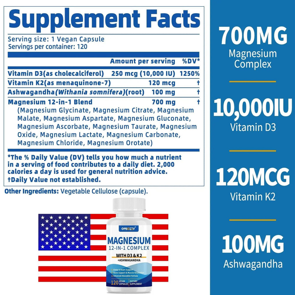 Magnesium Complex 12 in 1 Supplement for Women & Men 700mg, Magnesium Glycinate with Vitamin D3 K2, Citrate Malate Oxide Taurate Aspartate Orotate, for Relaxation, Heart, Energy, Muscle, 120 Capsules - TrustMedUSA