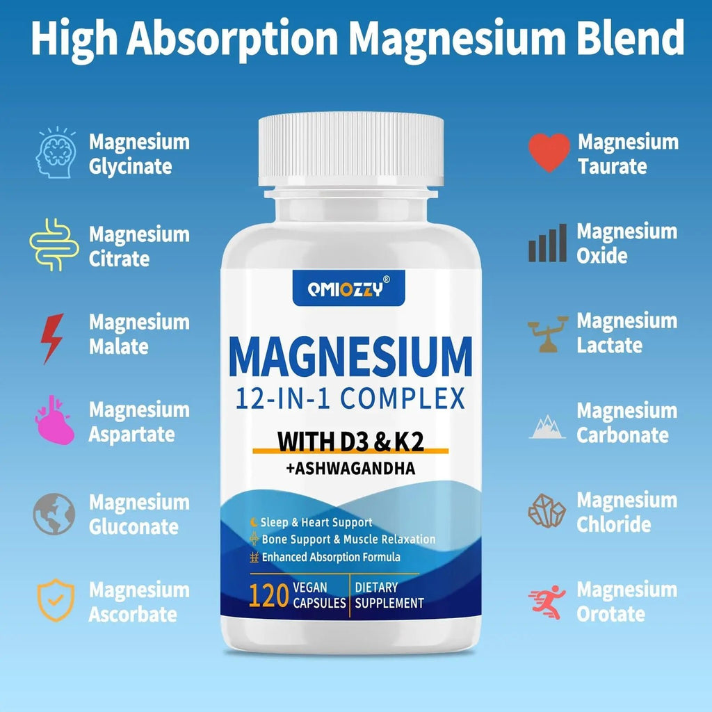 Magnesium Complex 12 in 1 Supplement for Women & Men 700mg, Magnesium Glycinate with Vitamin D3 K2, Citrate Malate Oxide Taurate Aspartate Orotate, for Relaxation, Heart, Energy, Muscle, 120 Capsules - TrustMedUSA