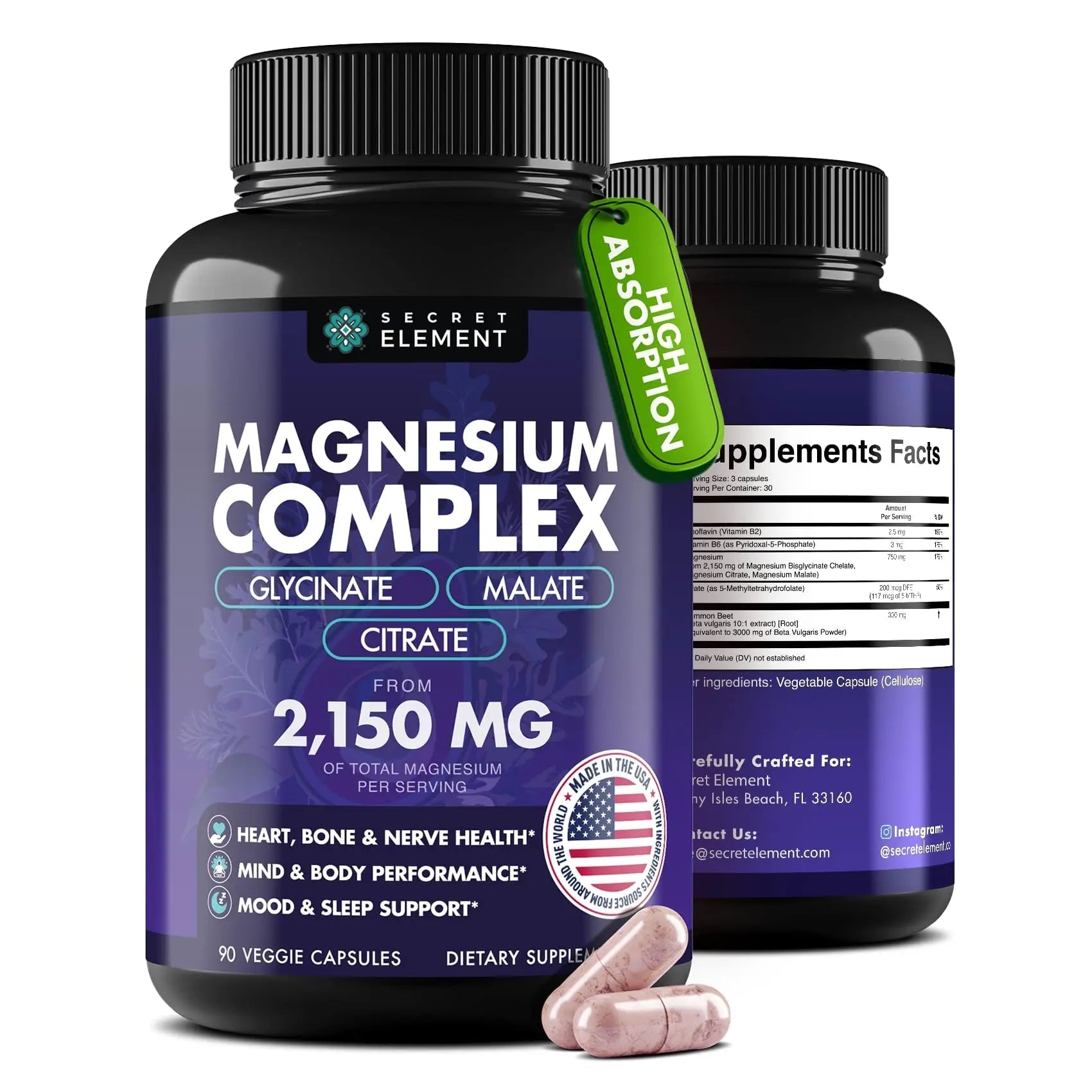 Magnesium Complex 2,150MG, High Absorption Capsules with Magnesium Glycinate, Citrate & Malate, Plus Vitamin B6, B2, Folate & Beet Root, Vegan, Non-GMO, No Artificial Additives, 90 Capsules - TrustMedUSA