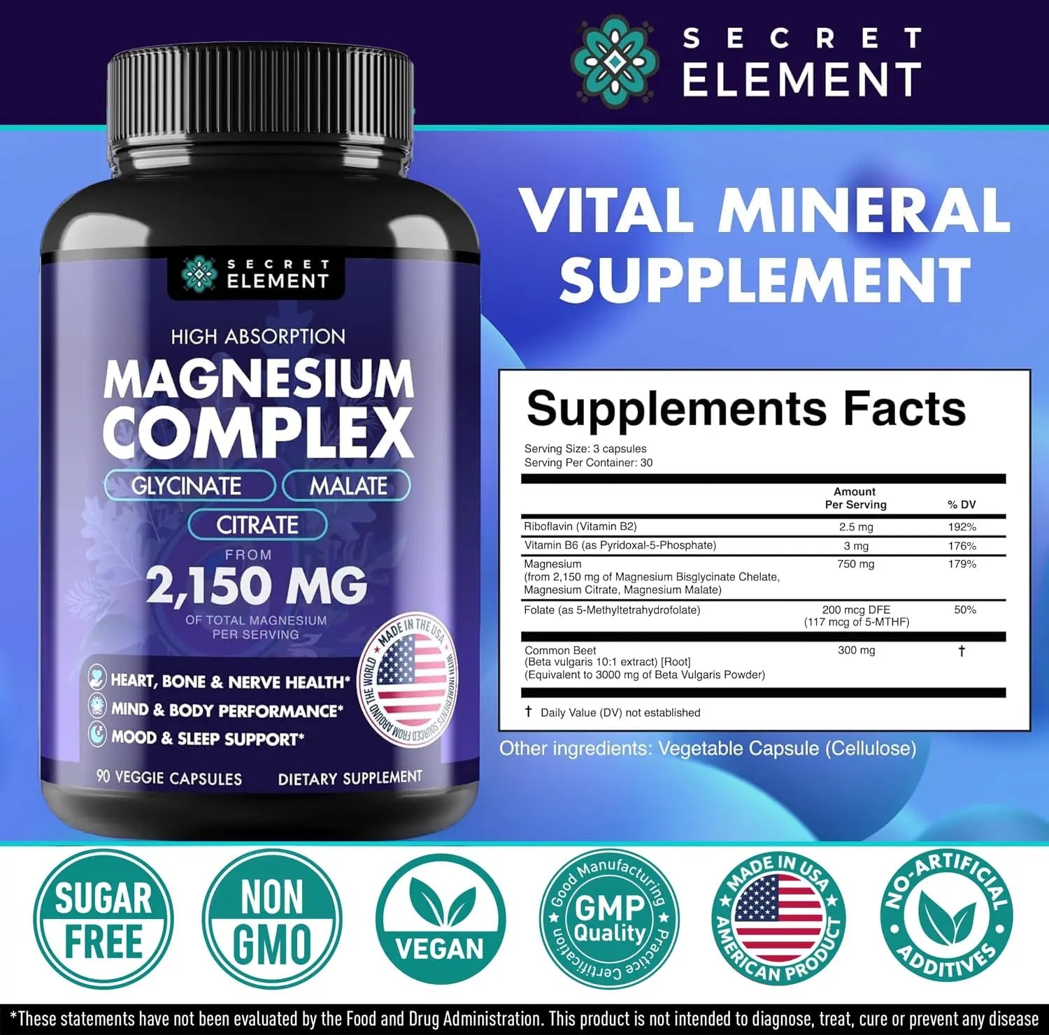 Magnesium Complex 2,150MG, High Absorption Capsules with Magnesium Glycinate, Citrate & Malate, Plus Vitamin B6, B2, Folate & Beet Root, Vegan, Non-GMO, No Artificial Additives, 90 Capsules - TrustMedUSA