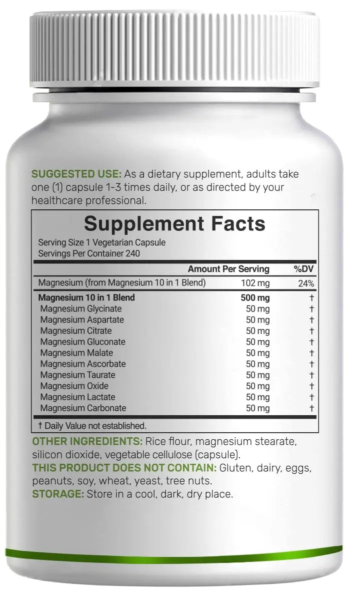 Magnesium Complex 500mg, 240 Veggie Capsules – 10-in-1 Glycinate, Citrate, Malate, Oxide, & More – 100% Chelated for Easy Absorption – Essential Mineral Supplement – Non-GMO - TrustMedUSA