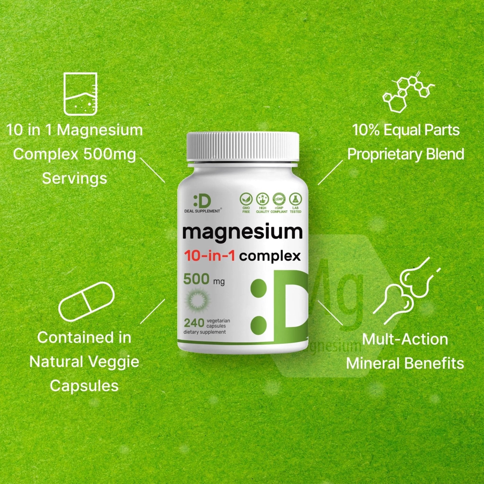 Magnesium Complex 500mg, 240 Veggie Capsules – 10-in-1 Glycinate, Citrate, Malate, Oxide, & More – 100% Chelated for Easy Absorption – Essential Mineral Supplement – Non-GMO - TrustMedUSA