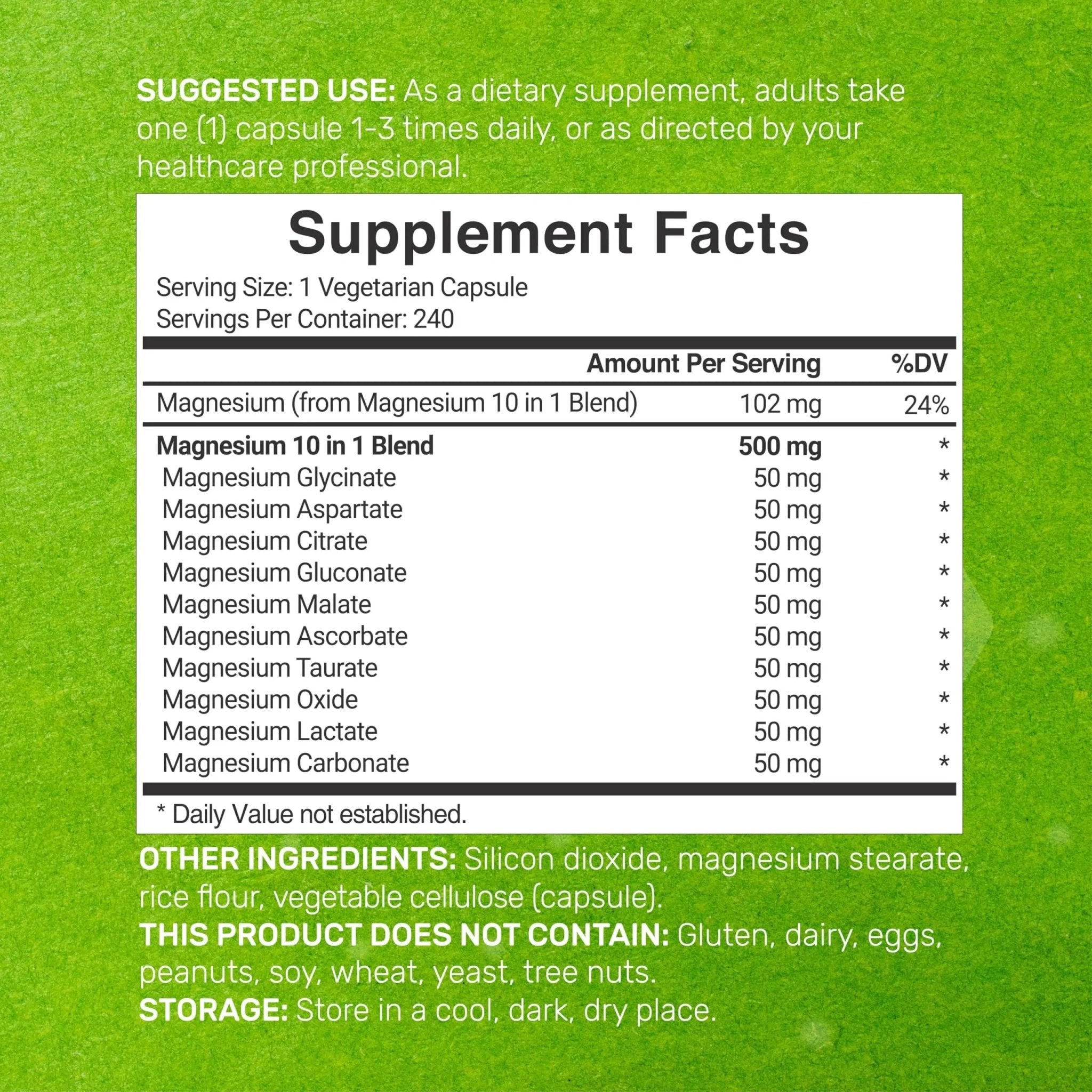 Magnesium Complex 500mg, 240 Veggie Capsules – 10-in-1 Glycinate, Citrate, Malate, Oxide, & More – 100% Chelated for Easy Absorption – Essential Mineral Supplement – Non-GMO - TrustMedUSA