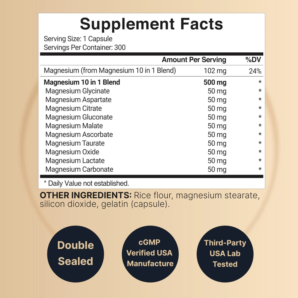 Magnesium Complex 500mg, 300 Capsules | 10-in-1 Magnesium Glycinate, Citrate, Malate & More | Chelated Form for Easy Absorption | Non-GMO - TrustMedUSA