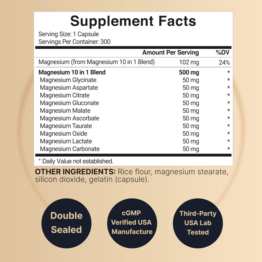 Magnesium Complex 500mg, 300 Capsules | 10-in-1 Magnesium Glycinate, Citrate, Malate & More | Chelated Form for Easy Absorption | Non-GMO - TrustMedUSA