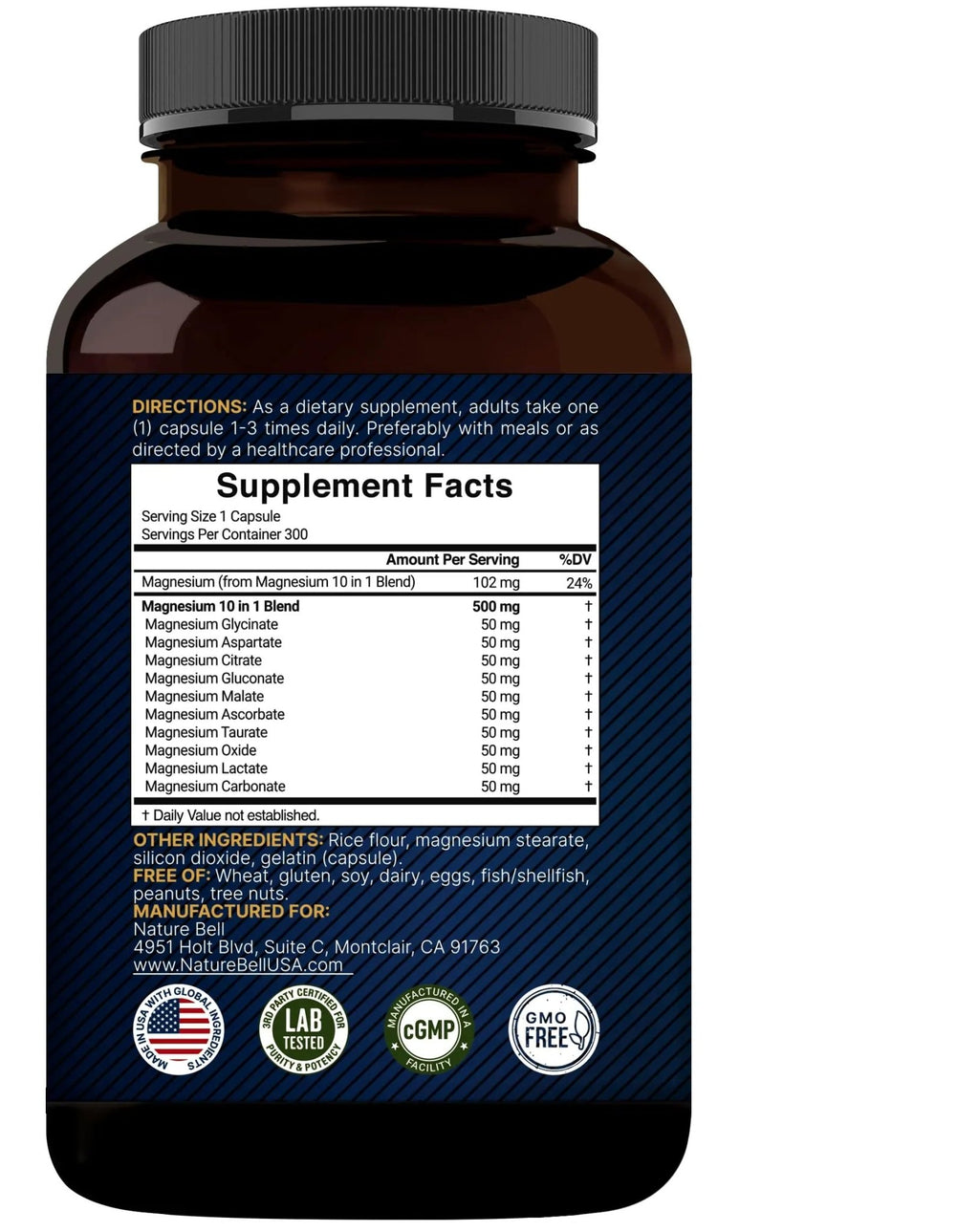 Magnesium Complex 500mg, 300 Capsules | 10-in-1 Magnesium Glycinate, Citrate, Malate & More | Chelated Form for Easy Absorption | Non-GMO - TrustMedUSA