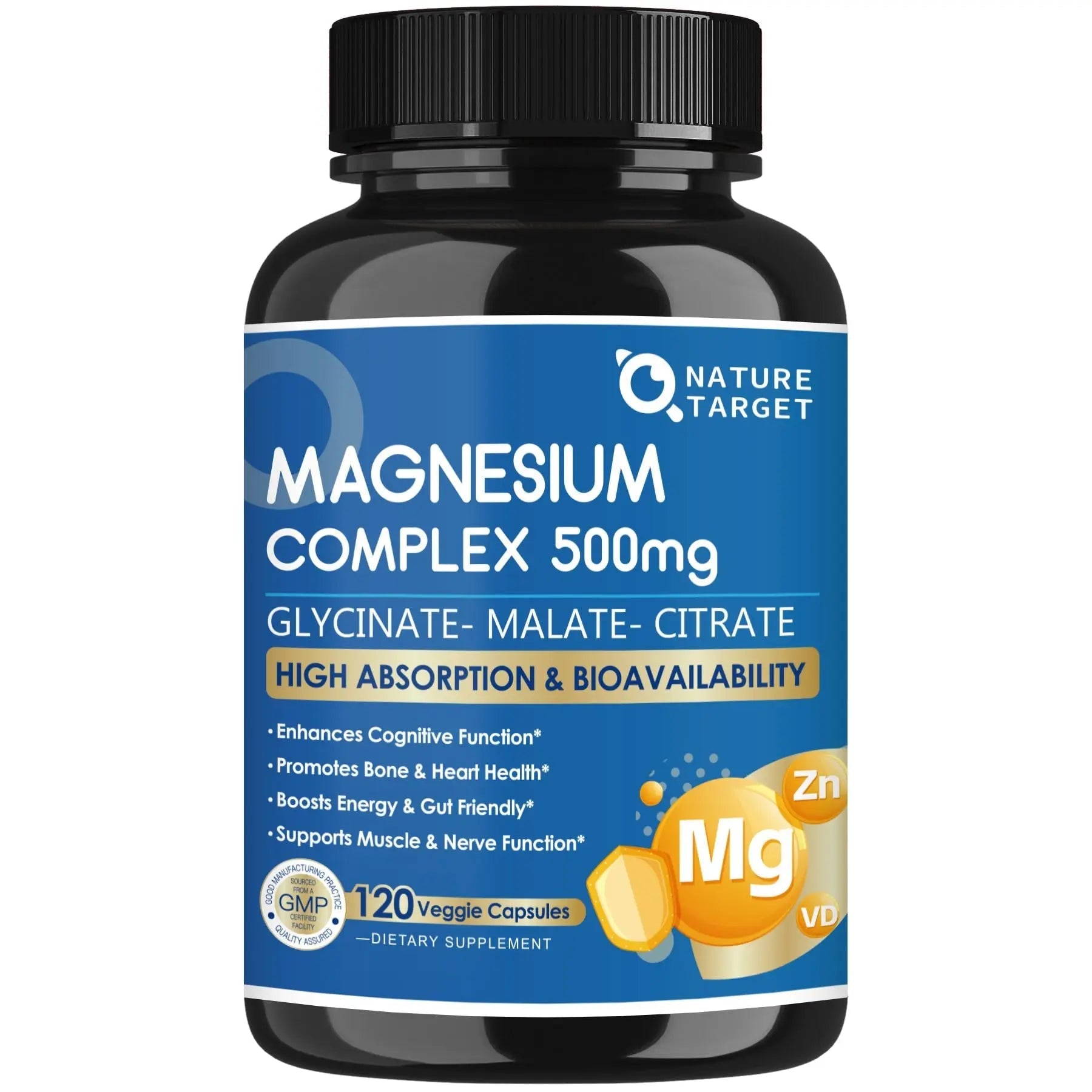 Magnesium Complex 500mg, Magnesium Glycinate, Malate & Citrate - High Absorption Chelated Triple Magnesium Supplement with Zinc, Vitamin D3 for Muscle, Nerve, Bone & Immune Support, Vegan 120 Capsules - TrustMedUSA