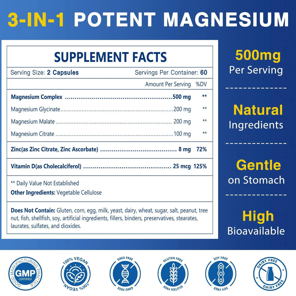 Magnesium Complex 500mg, Magnesium Glycinate, Malate & Citrate - High Absorption Chelated Triple Magnesium Supplement with Zinc, Vitamin D3 for Muscle, Nerve, Bone & Immune Support, Vegan 120 Capsules - TrustMedUSA