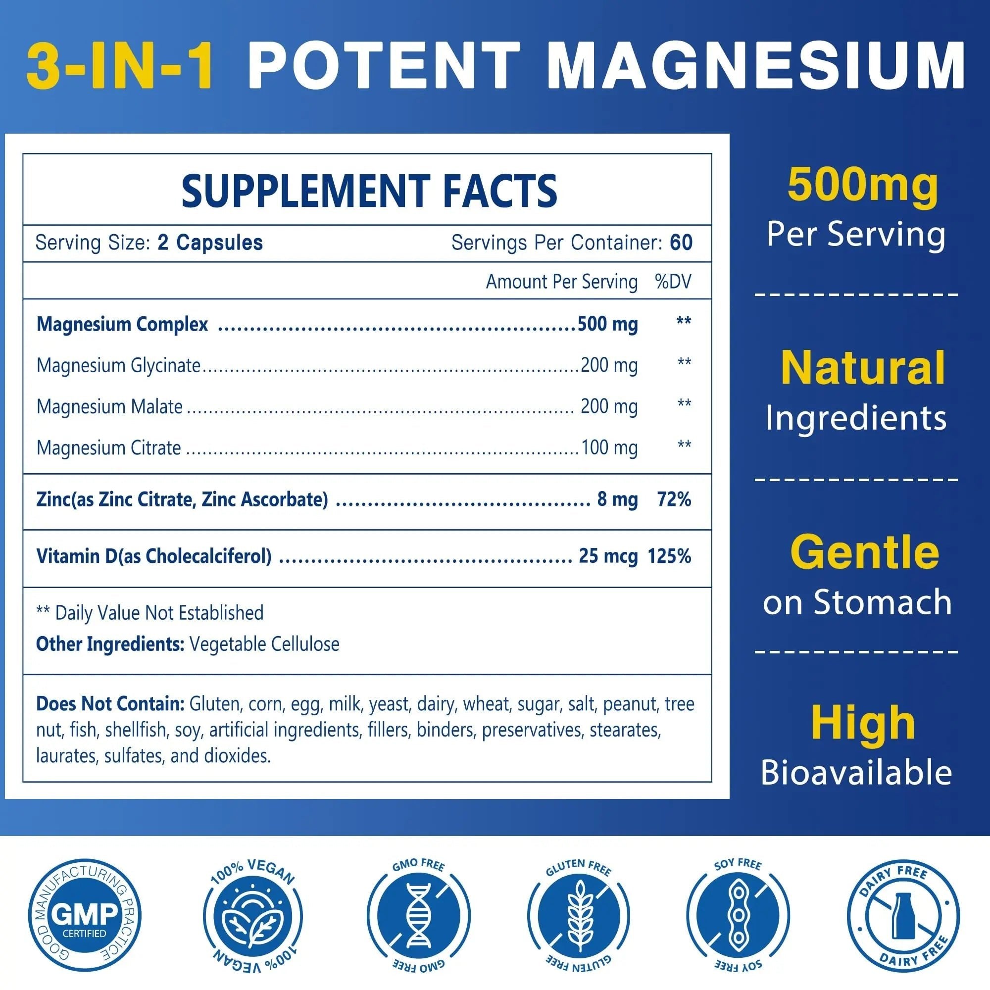 Magnesium Complex 500mg, Magnesium Glycinate, Malate & Citrate - High Absorption Chelated Triple Magnesium Supplement with Zinc, Vitamin D3 for Muscle, Nerve, Bone & Immune Support, Vegan 120 Capsules - TrustMedUSA