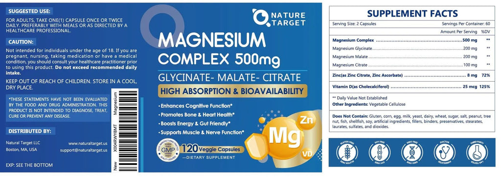 Magnesium Complex 500mg, Magnesium Glycinate, Malate & Citrate - High Absorption Chelated Triple Magnesium Supplement with Zinc, Vitamin D3 for Muscle, Nerve, Bone & Immune Support, Vegan 120 Capsules - TrustMedUSA