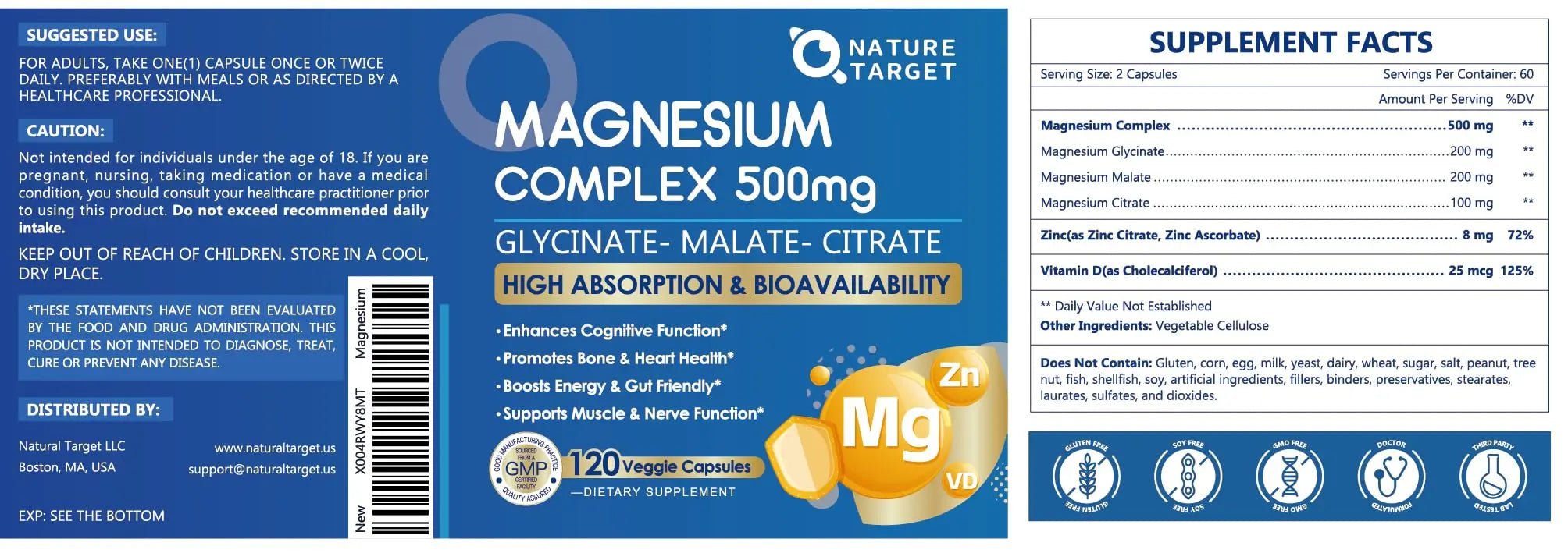 Magnesium Complex 500mg, Magnesium Glycinate, Malate & Citrate - High Absorption Chelated Triple Magnesium Supplement with Zinc, Vitamin D3 for Muscle, Nerve, Bone & Immune Support, Vegan 120 Capsules - TrustMedUSA