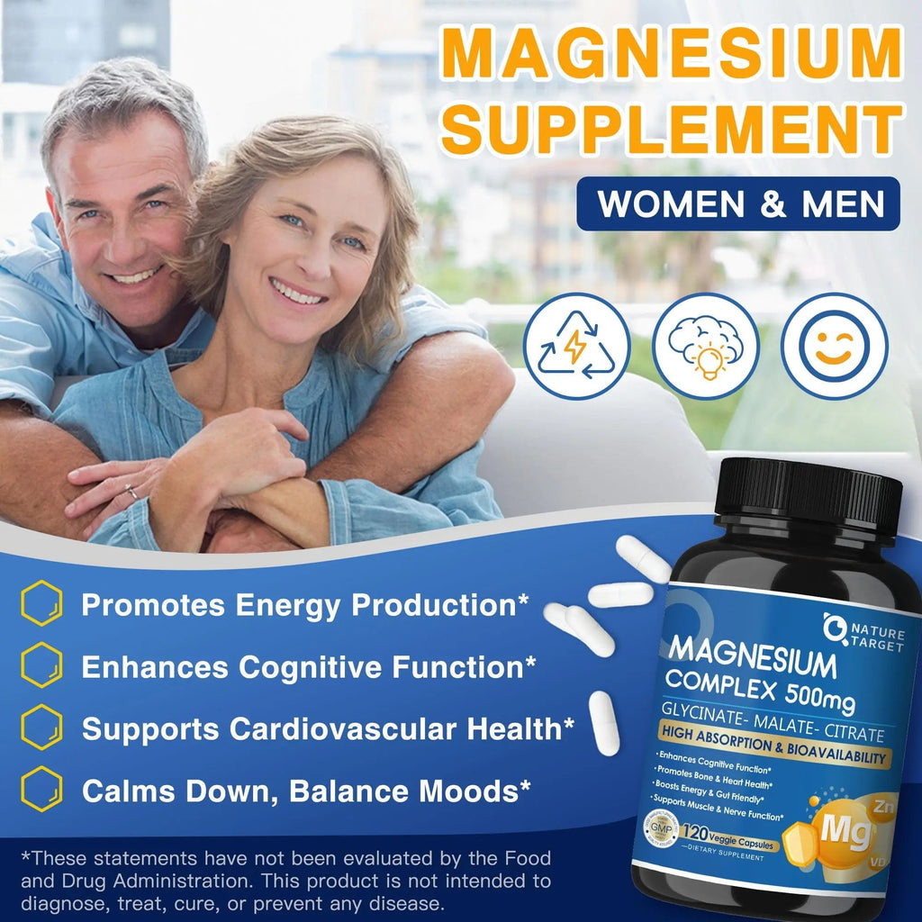 Magnesium Complex 500mg, Magnesium Glycinate, Malate & Citrate - High Absorption Chelated Triple Magnesium Supplement with Zinc, Vitamin D3 for Muscle, Nerve, Bone & Immune Support, Vegan 120 Capsules - TrustMedUSA