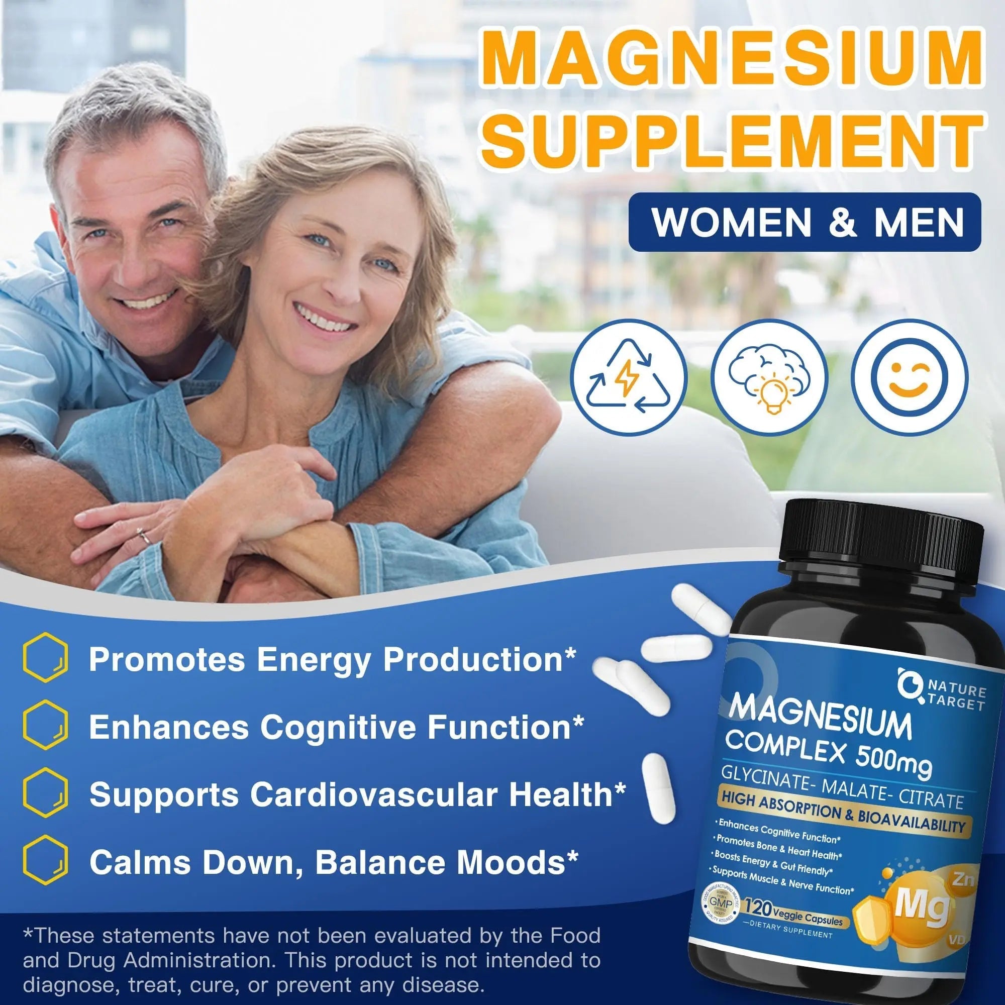 Magnesium Complex 500mg, Magnesium Glycinate, Malate & Citrate - High Absorption Chelated Triple Magnesium Supplement with Zinc, Vitamin D3 for Muscle, Nerve, Bone & Immune Support, Vegan 120 Capsules - TrustMedUSA