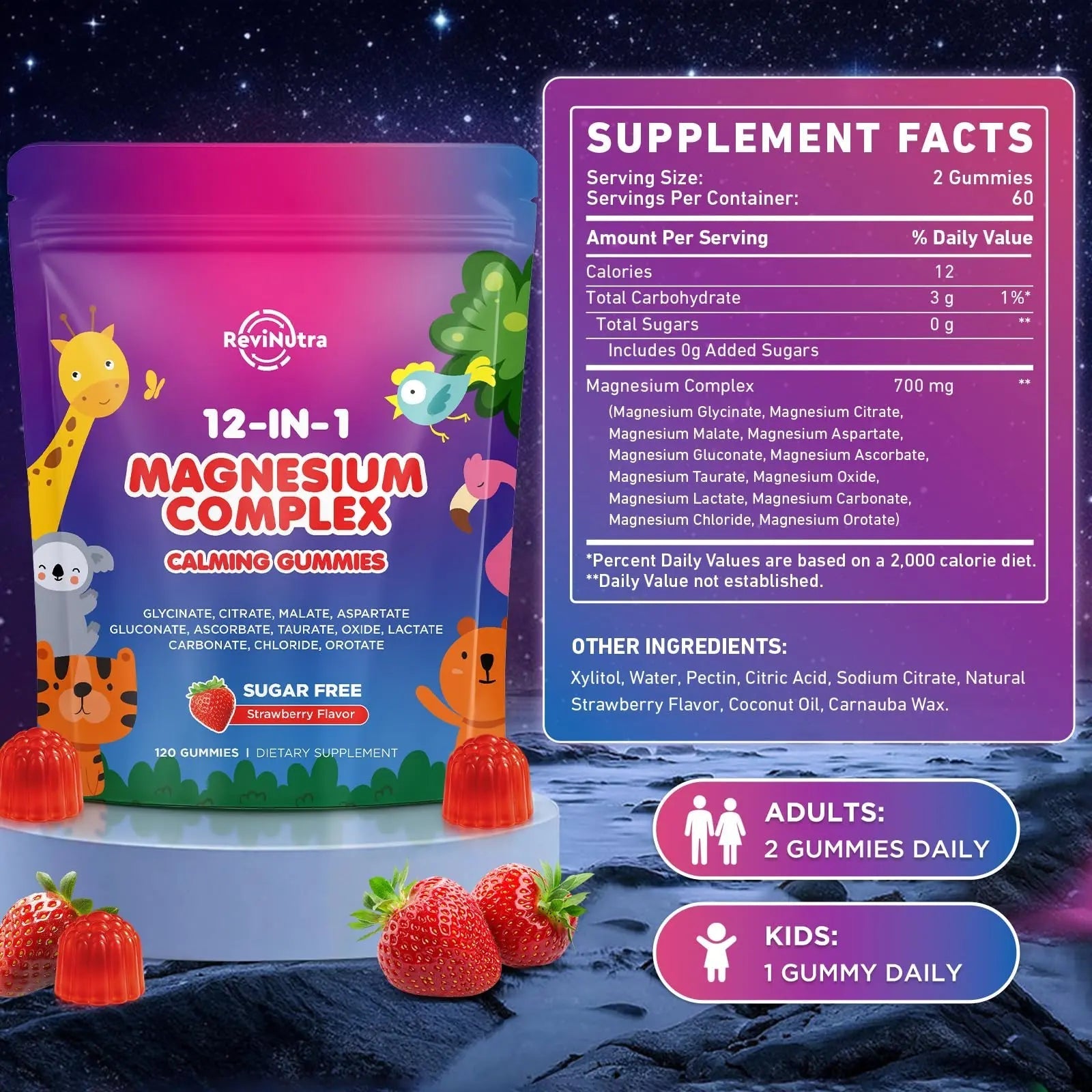 Magnesium Complex 700mg - 12 in 1 Magnesium Gummies with Glycinate, Citrate, Malate, Oxide, Taurate, Aspartate, Orotate - Supports Relaxation, Muscle & Heart - Sugar Free Strawberry 120 Count - TrustMedUSA