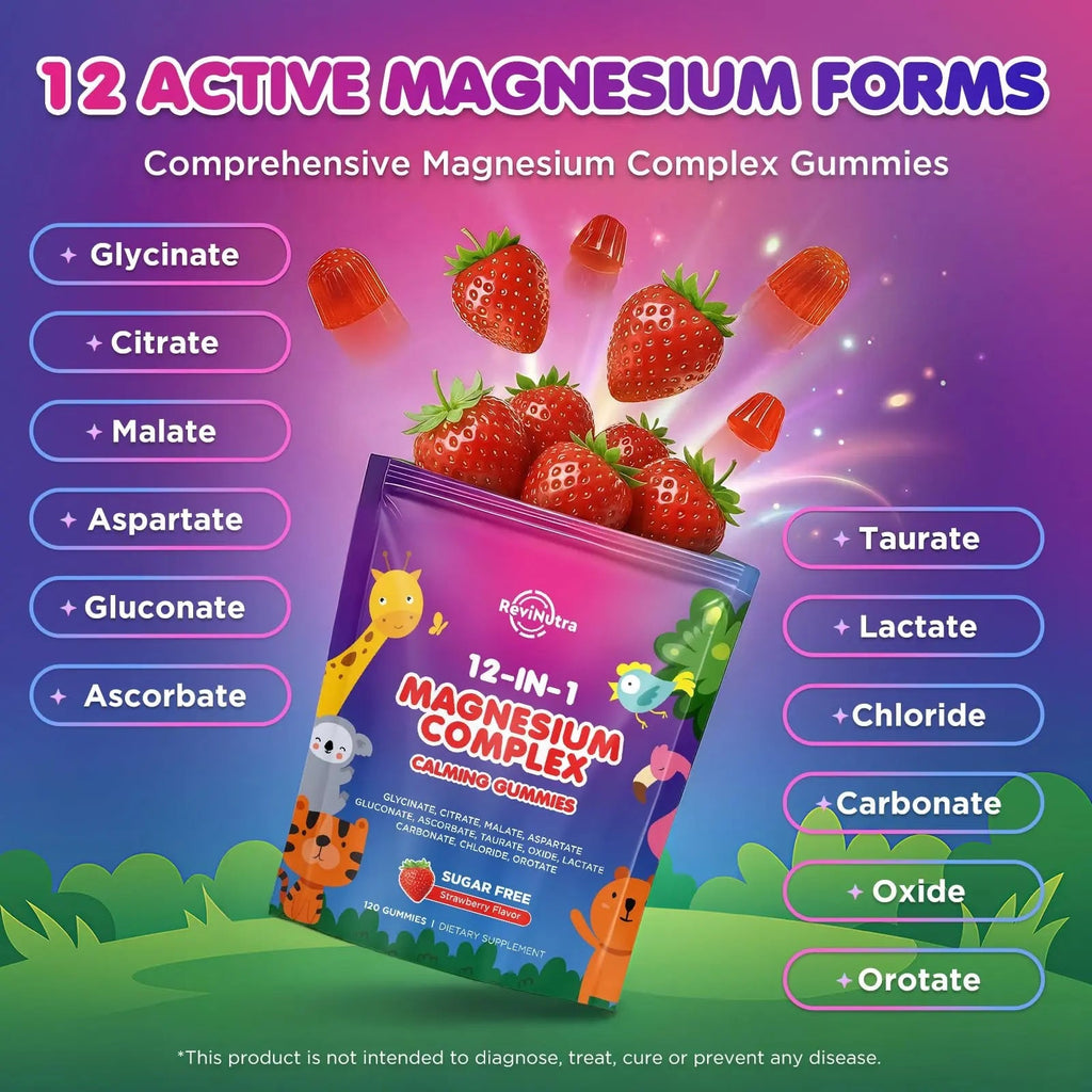 Magnesium Complex 700mg - 12 in 1 Magnesium Gummies with Glycinate, Citrate, Malate, Oxide, Taurate, Aspartate, Orotate - Supports Relaxation, Muscle & Heart - Sugar Free Strawberry 120 Count - TrustMedUSA