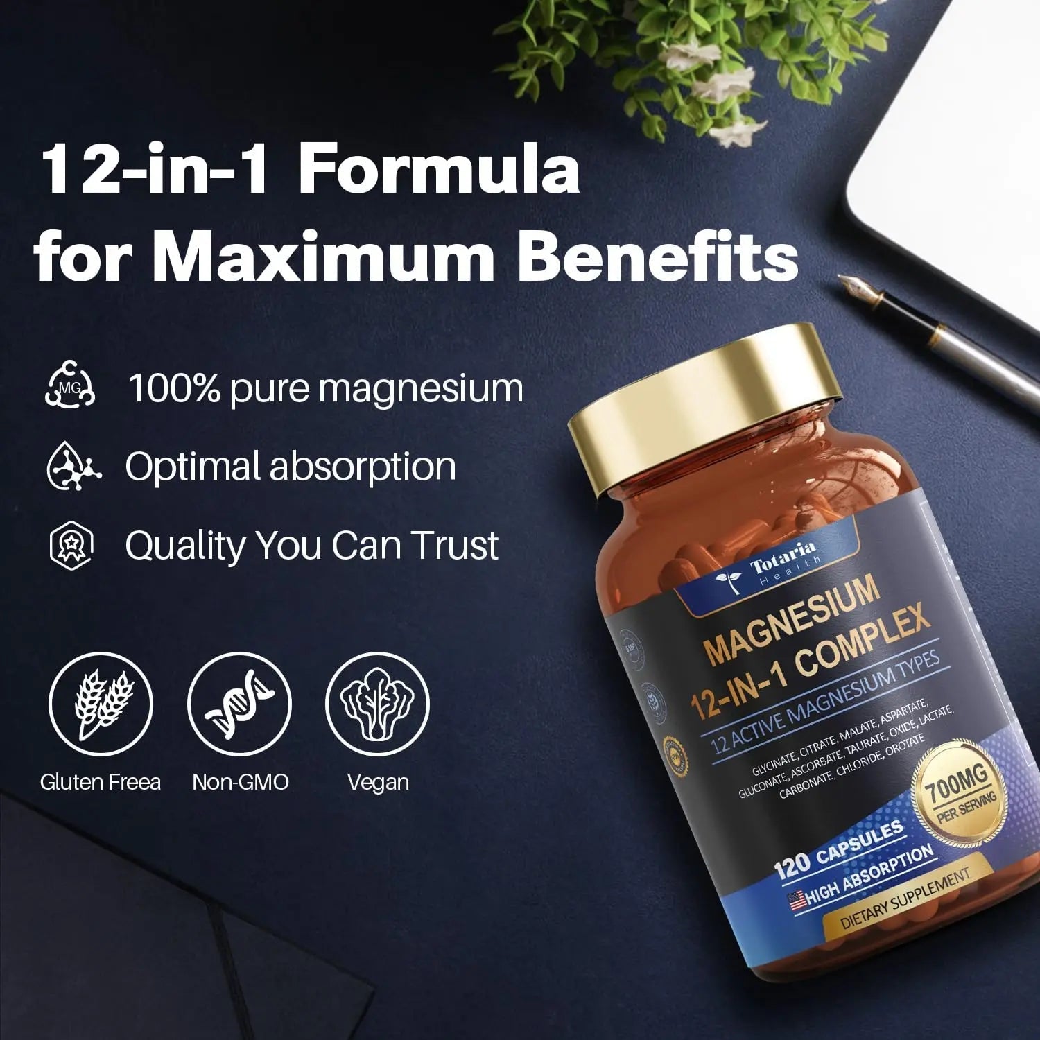Magnesium Complex 700mg 12 in 1 Magnesium Supplement with Glycinate Citrate Malate Oxide Taurate Aspartate Orotate Magnesium Relaxation,Muscle,Heart Support, Vegan 120 Capsules 2PK - TrustMedUSA