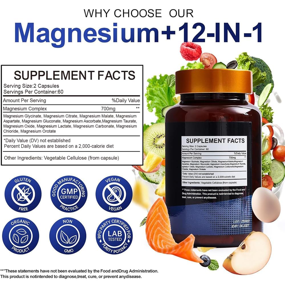 Magnesium Complex 700mg – 12-in-1 Magnesium Supplement with Glycinate, Citrate, Malate, Oxide, Taurate & More – High Absorption for Muscle, Heart, Sleep, Bone, Nerve Support –120 Capsules - TrustMedUSA