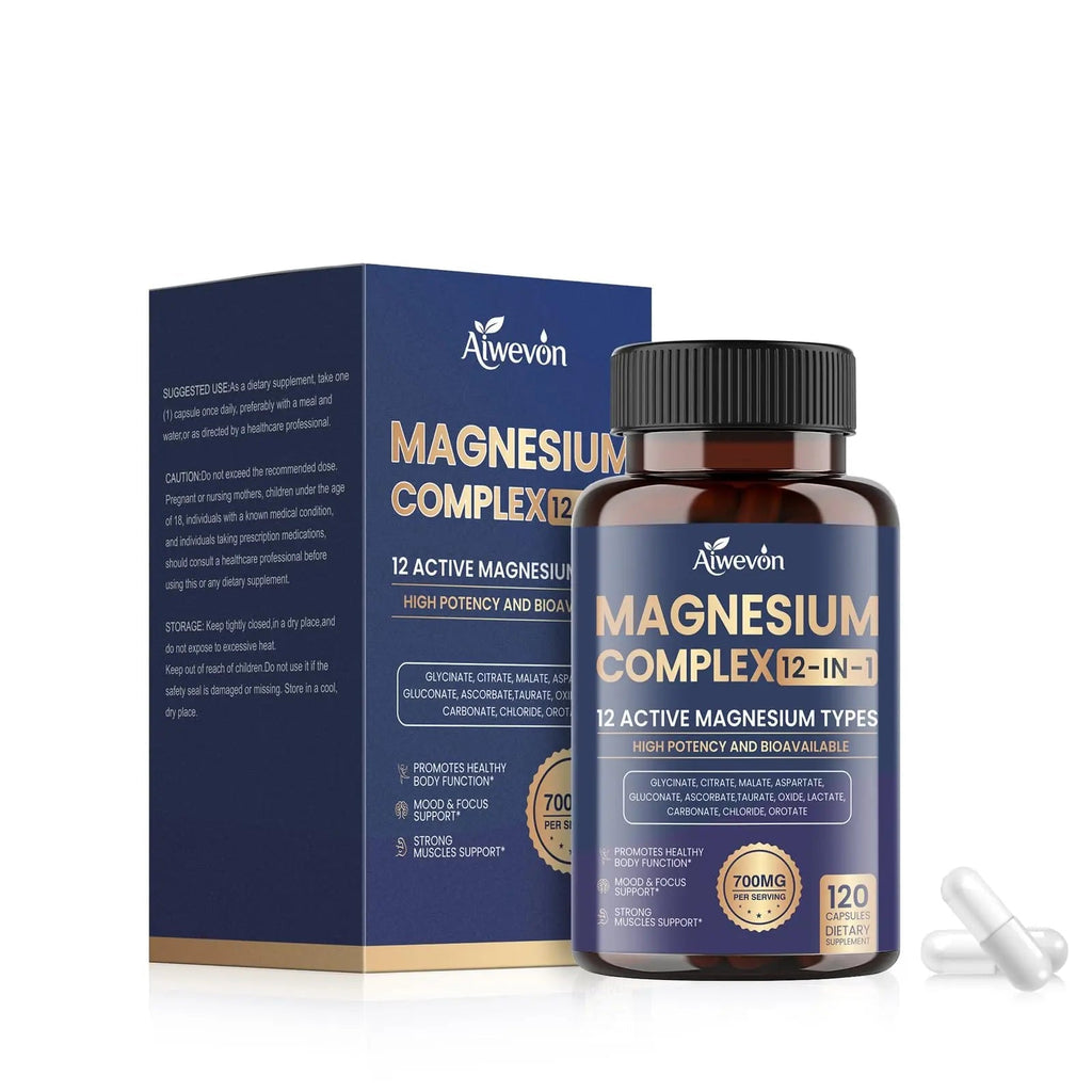 Magnesium Complex 700mg, 12 in 1 Magnesium Supplement with Glycinate, Citrate, Malate, Oxide, Taurate & Orotate, High Absorption Magnesium for Sleep, Muscle, Nerve & Heart Support, Vegan, 120 Capsules - TrustMedUSA