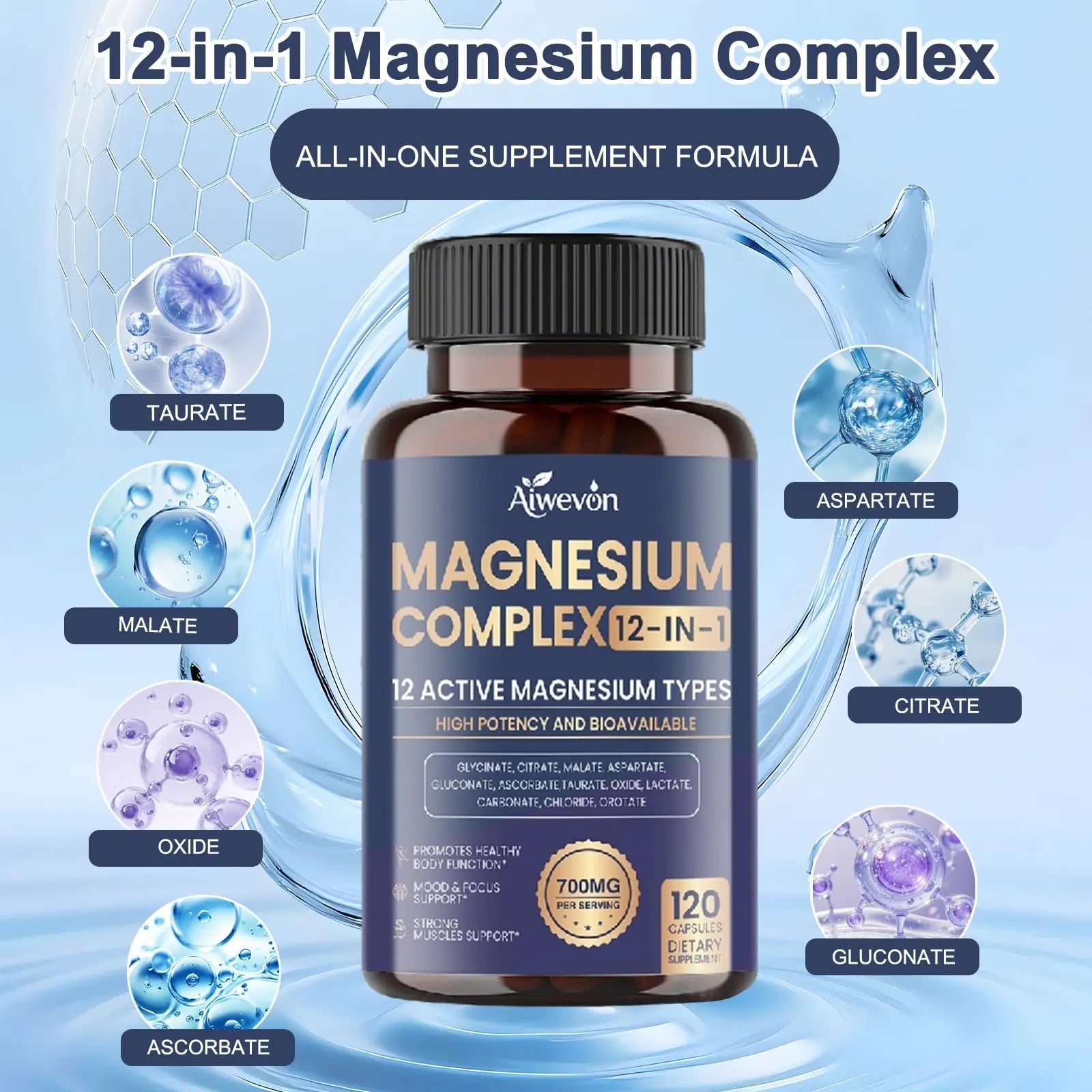 Magnesium Complex 700mg, 12 in 1 Magnesium Supplement with Glycinate, Citrate, Malate, Oxide, Taurate & Orotate, High Absorption Magnesium for Sleep, Muscle, Nerve & Heart Support, Vegan, 120 Capsules - TrustMedUSA