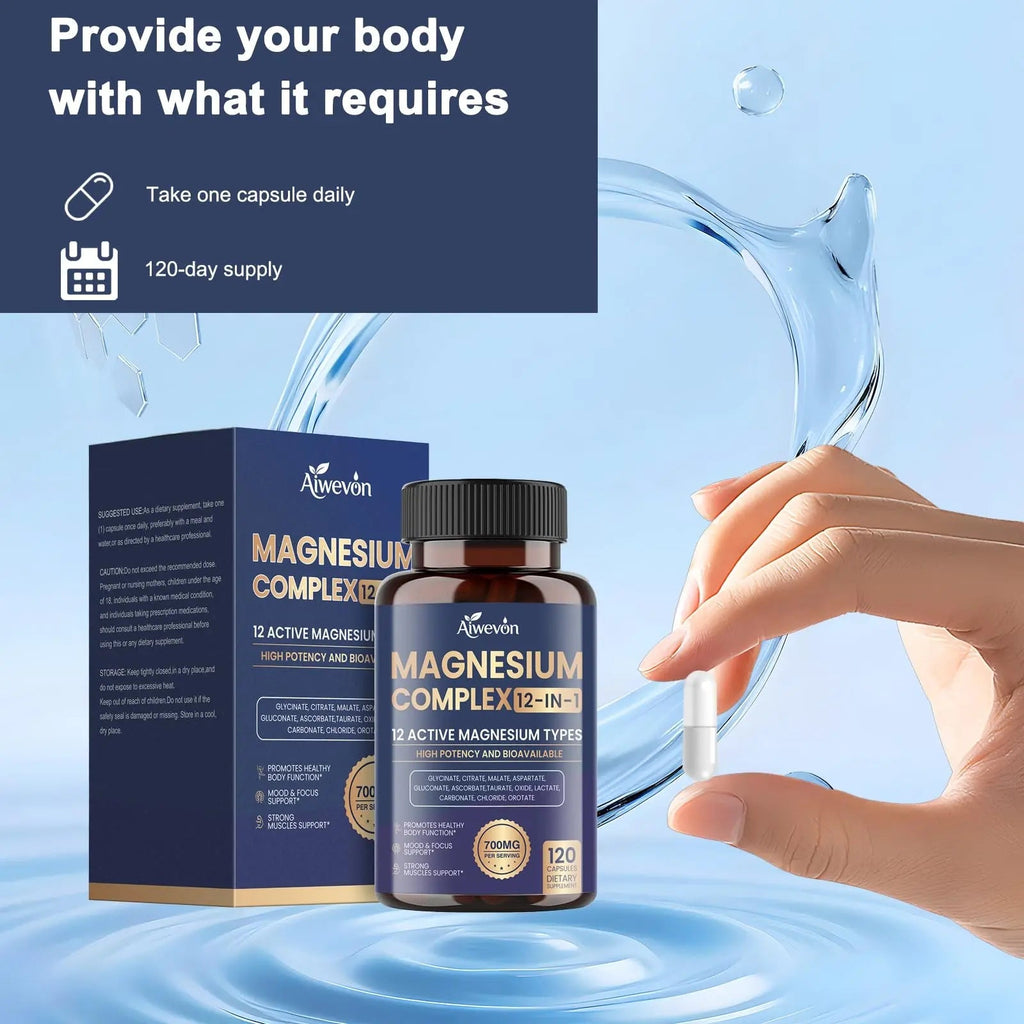 Magnesium Complex 700mg, 12 in 1 Magnesium Supplement with Glycinate, Citrate, Malate, Oxide, Taurate & Orotate, High Absorption Magnesium for Sleep, Muscle, Nerve & Heart Support, Vegan, 120 Capsules - TrustMedUSA