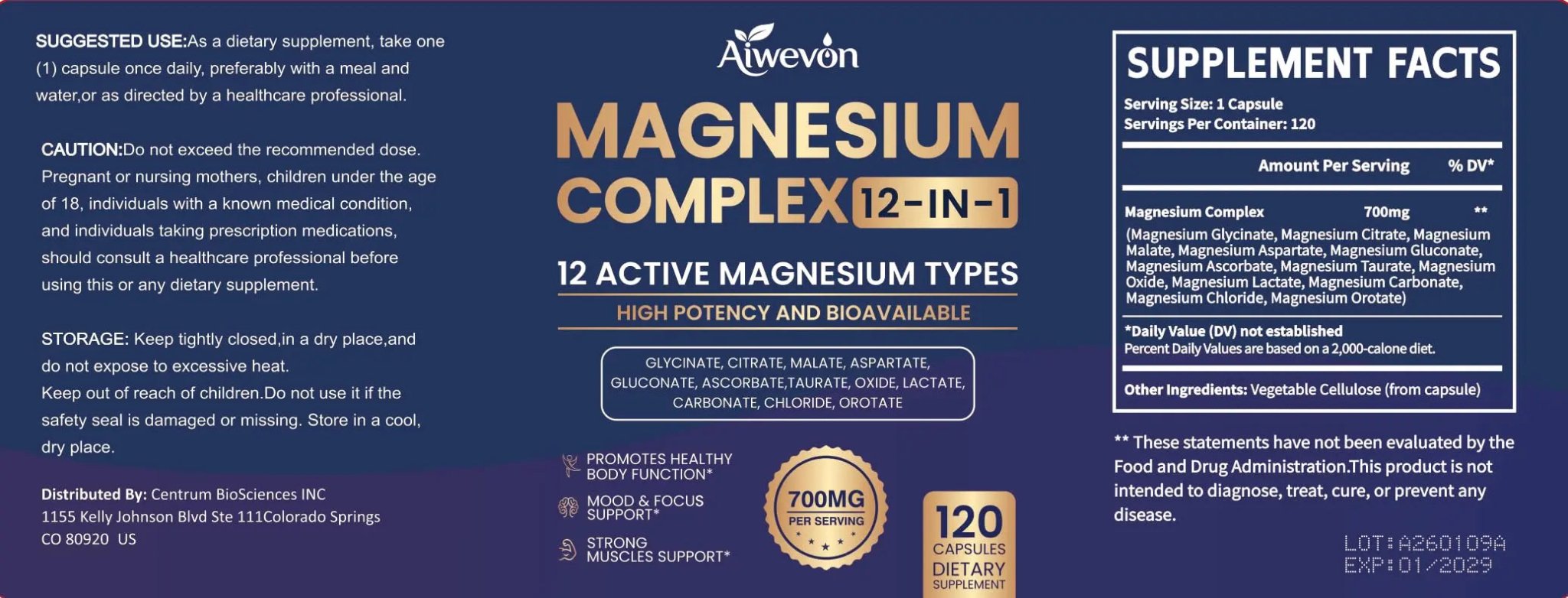 Magnesium Complex 700mg, 12 in 1 Magnesium Supplement with Glycinate, Citrate, Malate, Oxide, Taurate & Orotate, High Absorption Magnesium for Sleep, Muscle, Nerve & Heart Support, Vegan, 120 Capsules - TrustMedUSA