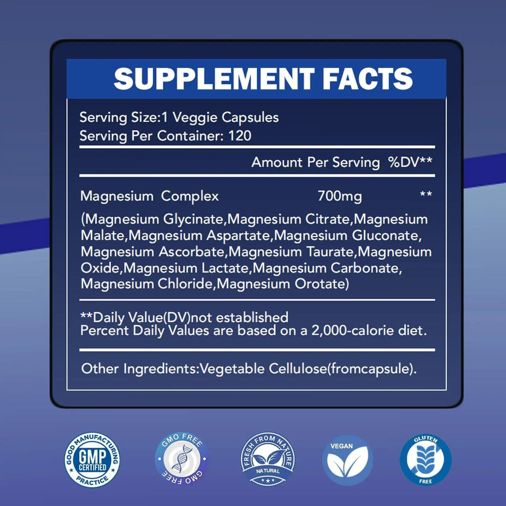 Magnesium Complex 700mg 12 in 1 Magnesium Supplement with Glycinate, Citrate, Malate | Sleep, Calm, Muscle Relaxation, Heart Health Support | Vegan 120 Capsules - TrustMedUSA