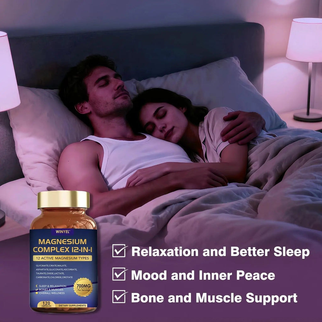 Magnesium Complex 700mg 12 in 1 Magnesium Supplement with Glycinate, Citrate, Malate | Sleep, Calm, Muscle Relaxation, Heart Health Support | Vegan 120 Capsules - TrustMedUSA