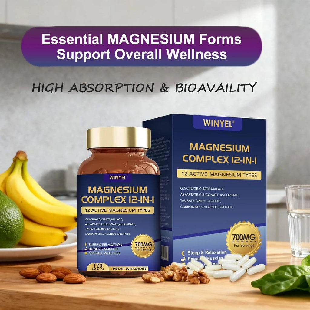 Magnesium Complex 700mg 12 in 1 Magnesium Supplement with Glycinate, Citrate, Malate | Sleep, Calm, Muscle Relaxation, Heart Health Support | Vegan 120 Capsules - TrustMedUSA