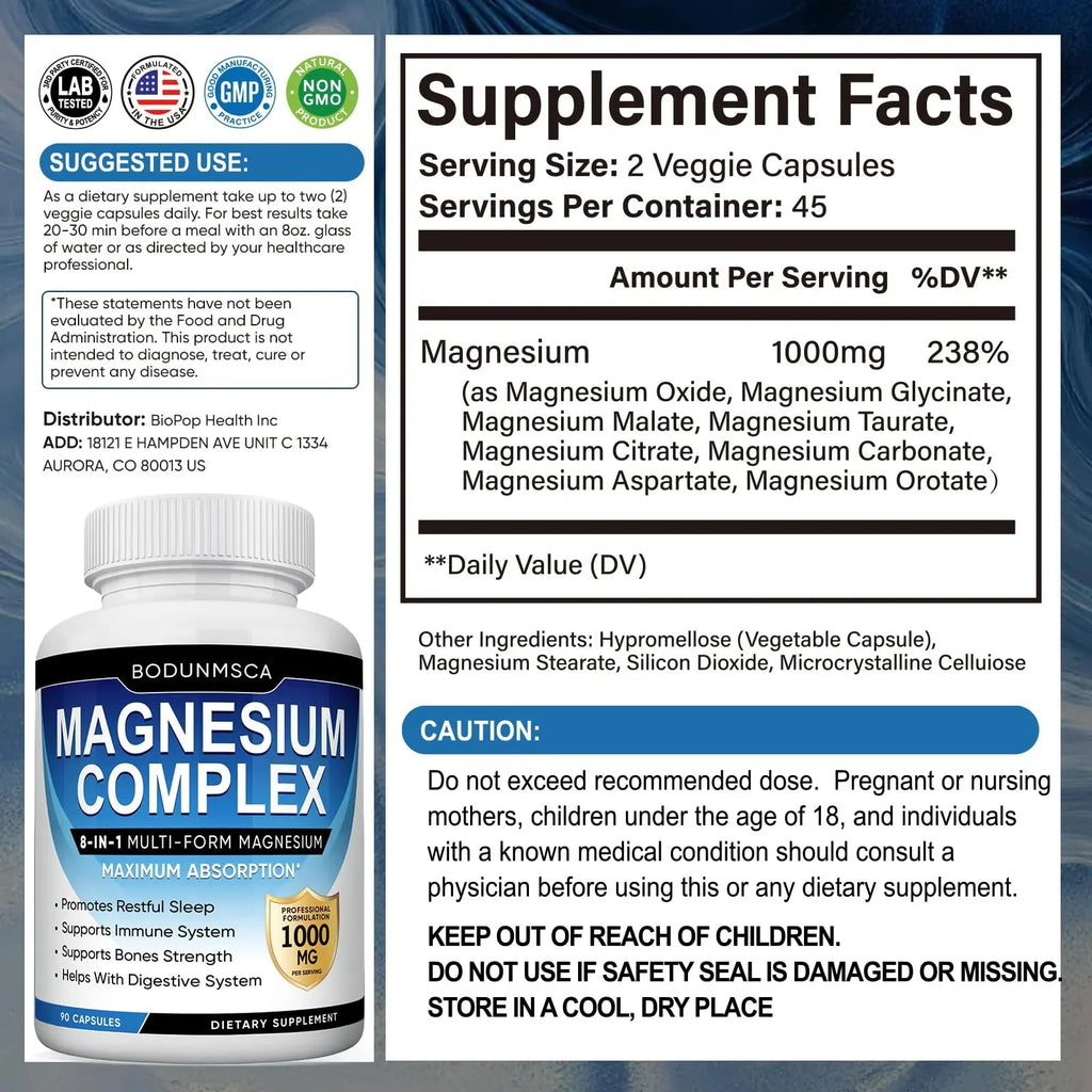 Magnesium Complex, 8 in 1, 1000mg-Glycinate, Citrate, Malate for Easy Absorption, Full Spectrum Magnesium Complex,Supports Relaxation, Sleep & Muscle Function, Magnesio Complex for Women, 180 Capsules - TrustMedUSA
