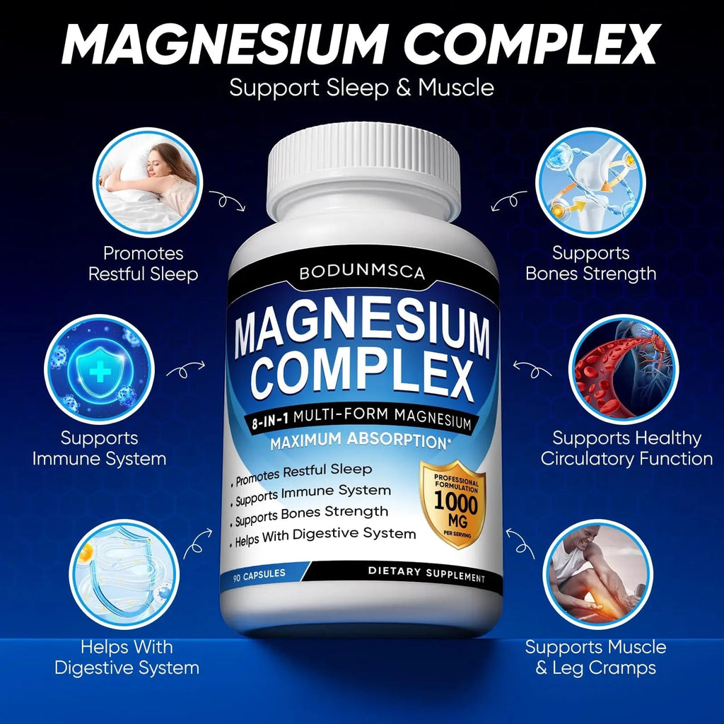 Magnesium Complex, 8 in 1, 1000mg-Glycinate, Citrate, Malate for Easy Absorption, Full Spectrum Magnesium Complex,Supports Relaxation, Sleep & Muscle Function, Magnesio Complex for Women, 180 Capsules - TrustMedUSA